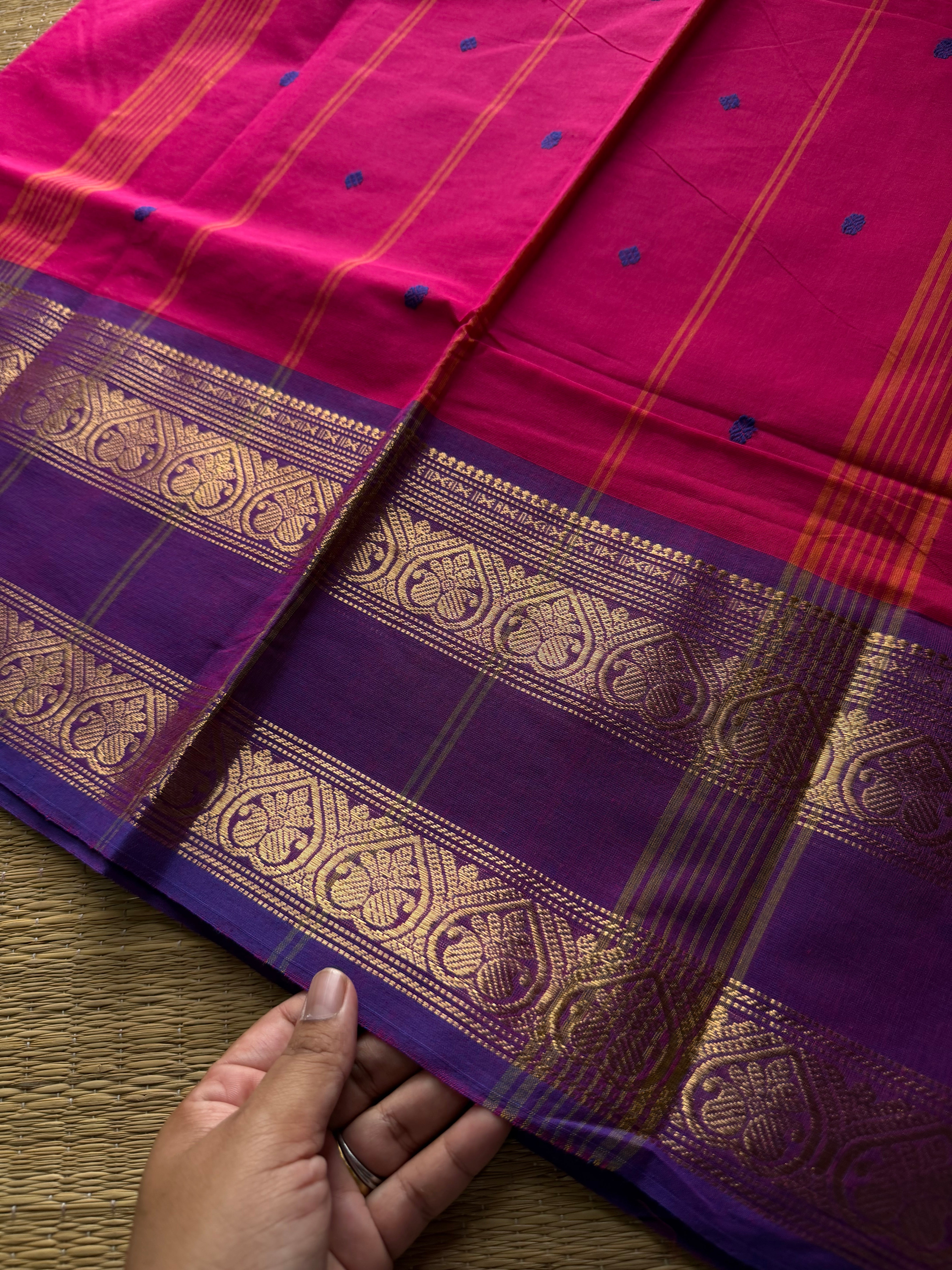 Magenta pink shade Kanchi cotton saree with handmade thread buttas