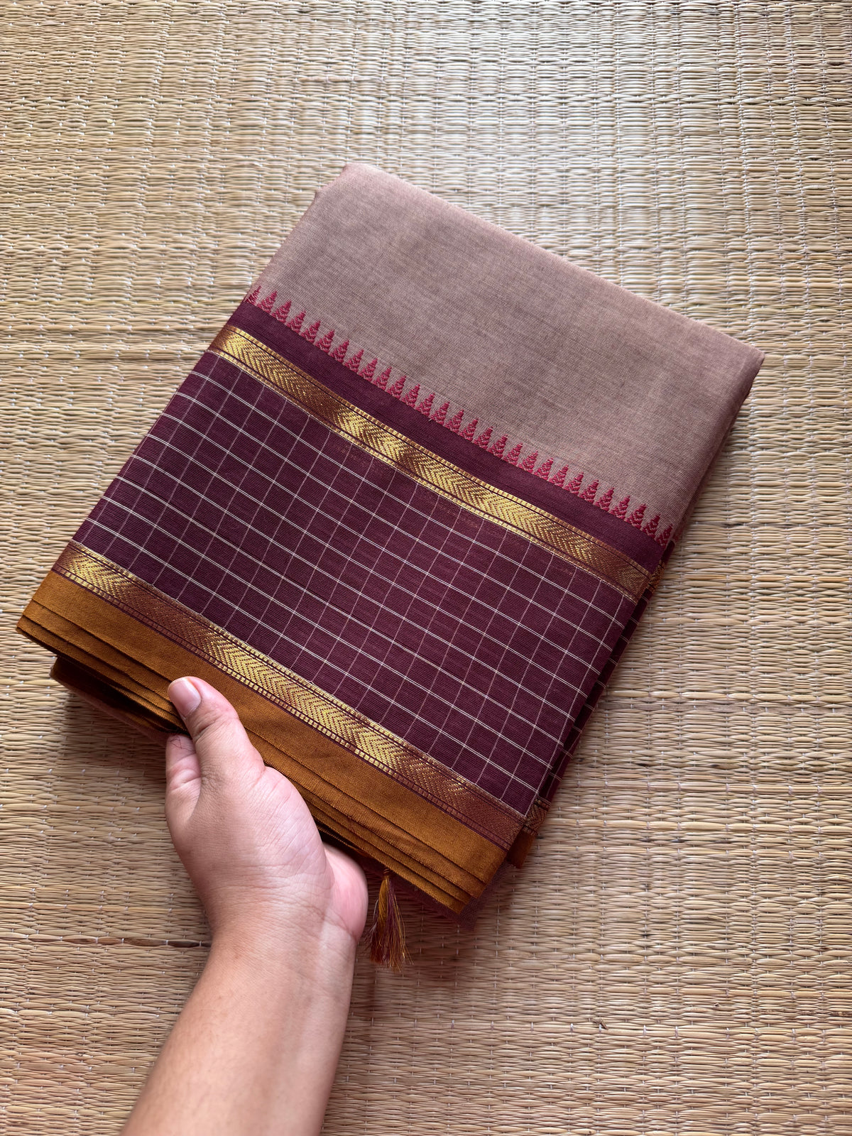RF374 Biscuit with brown combination vintage border Kattam / checks pattern Kanchi cotton saree