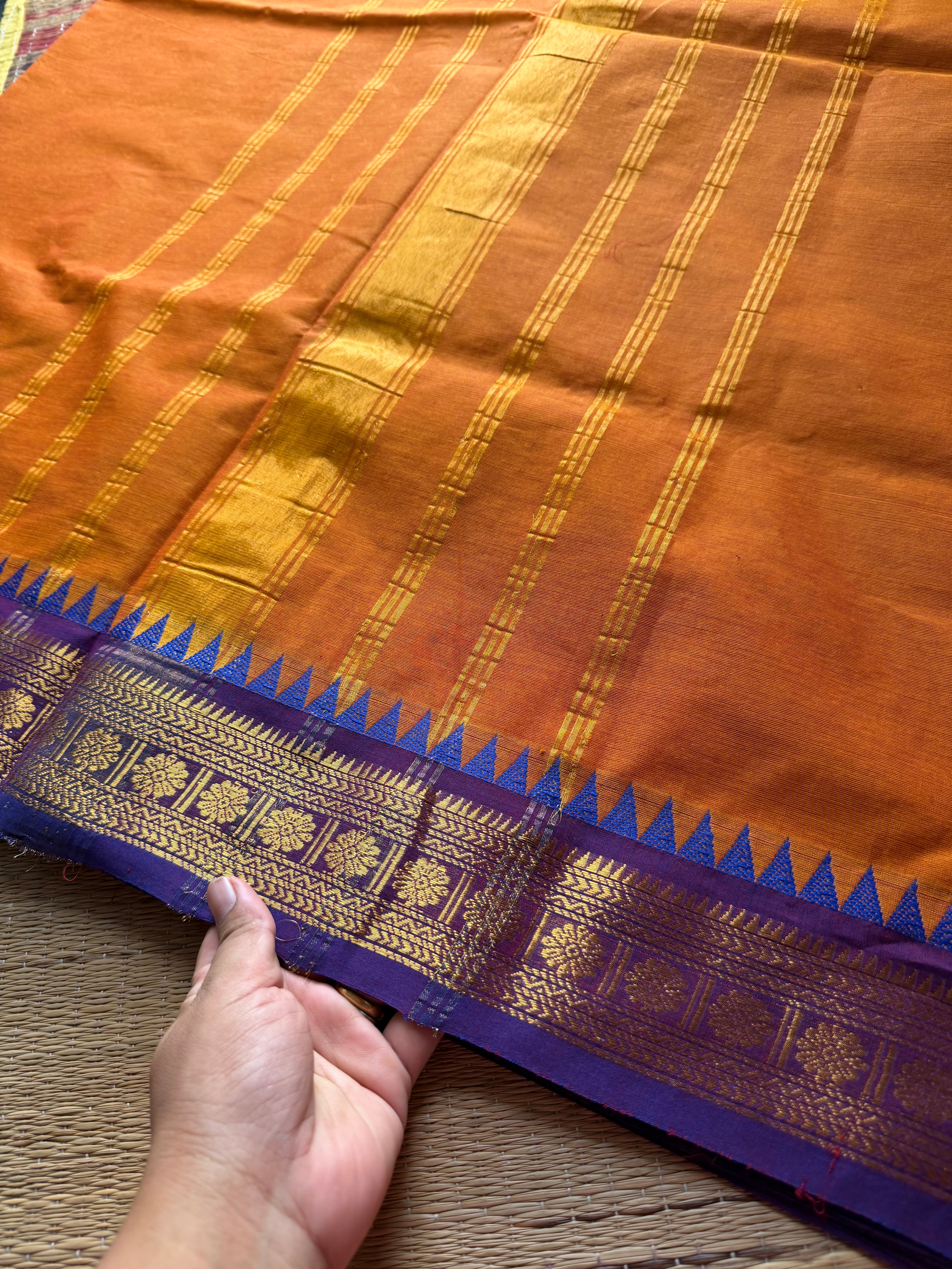 Burnt orange shade with purple combination Kanchi cotton saree