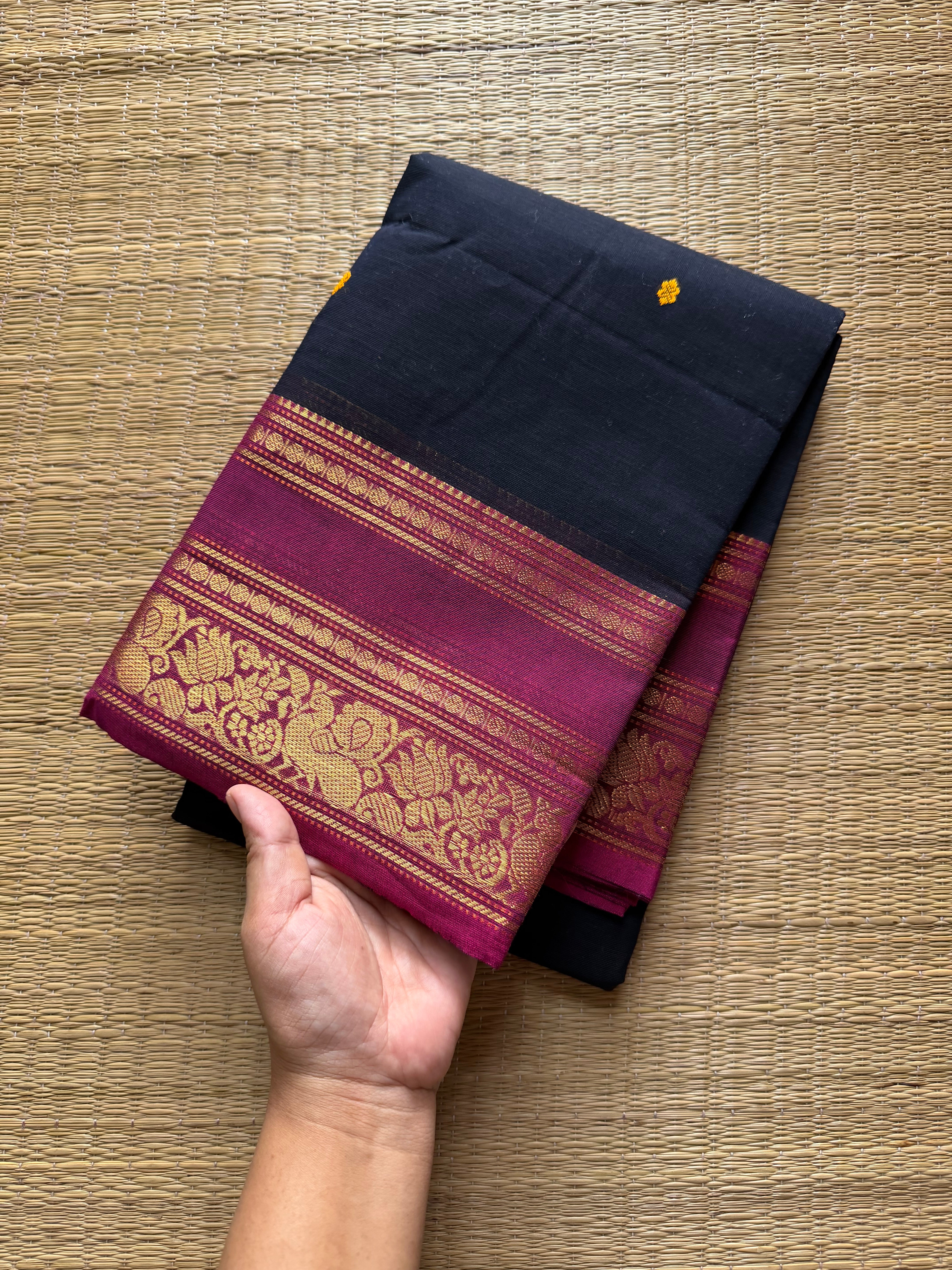 RF450 Dark Navy Blue with pink combination Kanchi cotton saree with Annam and lotus pattern border & handmade thread buttas