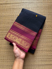 RF450 Dark Navy Blue with pink combination Kanchi cotton saree with Annam and lotus pattern border & handmade thread buttas