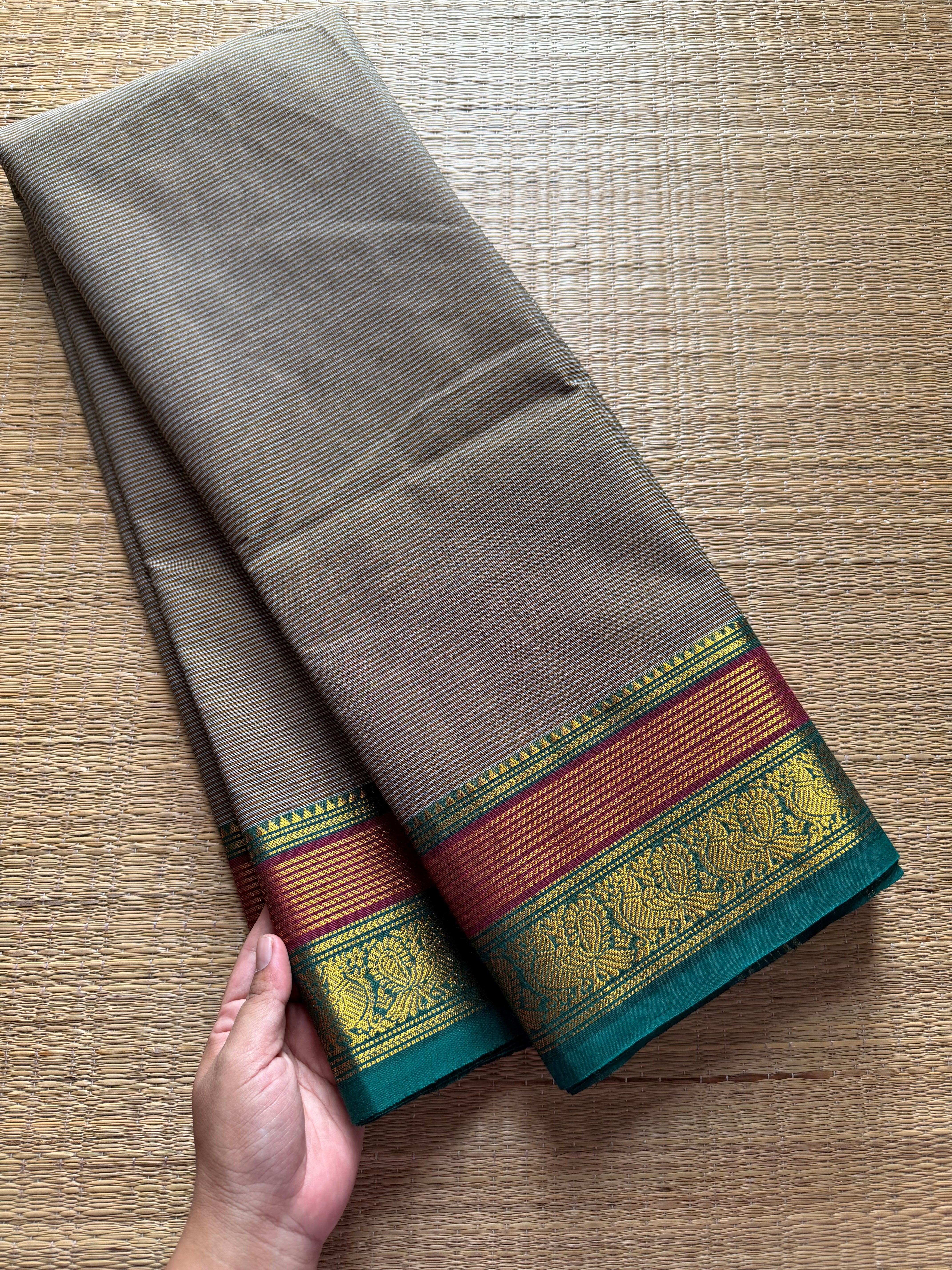 RF473 Grey Kanchi cotton saree with horizontal small stripped pattern and unique multi color peacock pattern Zari border