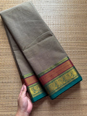 RF473 Grey Kanchi cotton saree with horizontal small stripped pattern and unique multi color peacock pattern Zari border