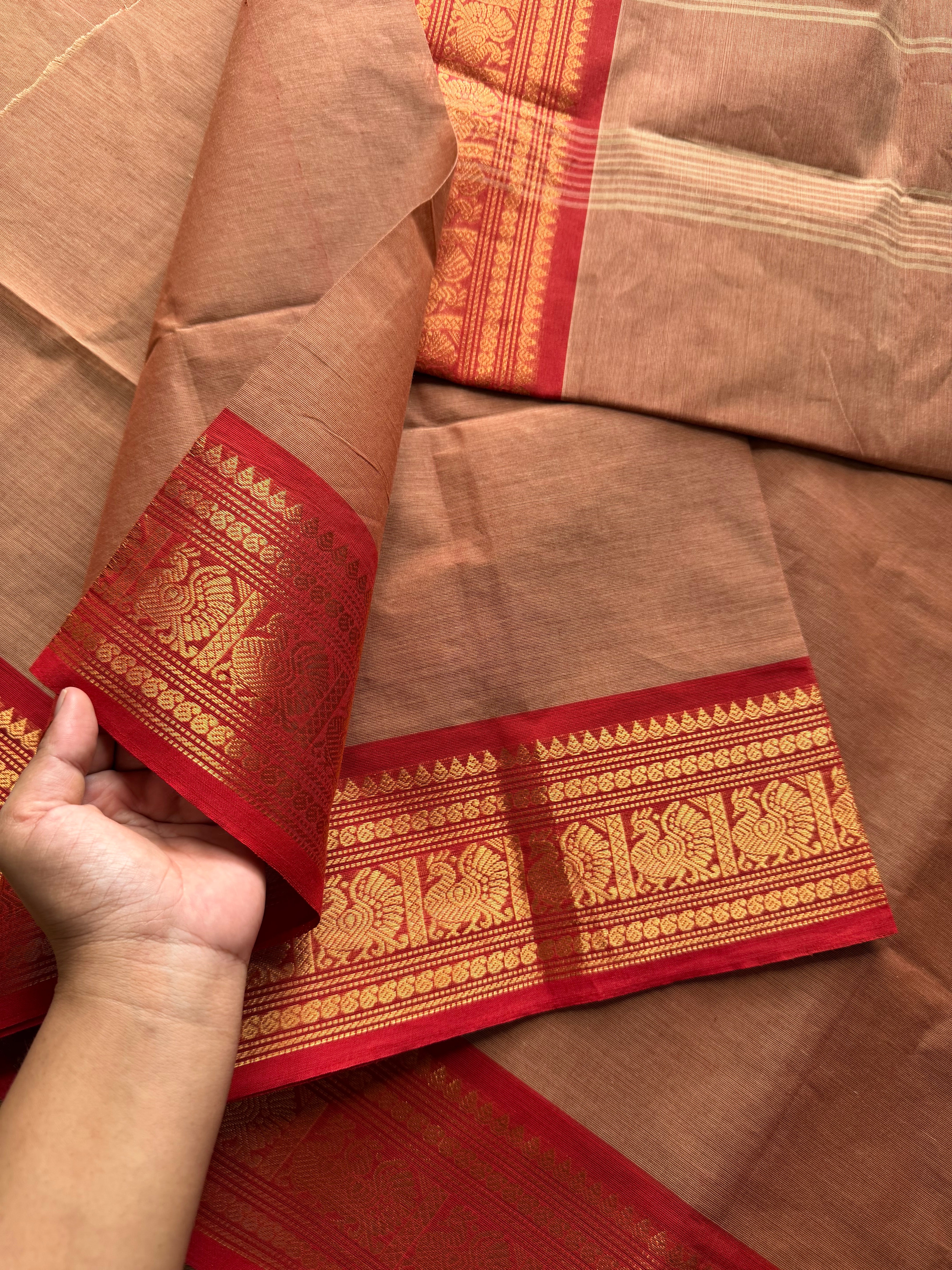 RF472 Dual tone Beige with red combination Kanchi cotton saree with Annam pattern Zari border