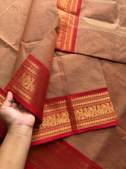 RF472 Dual tone Beige with red combination Kanchi cotton saree with Annam pattern Zari border