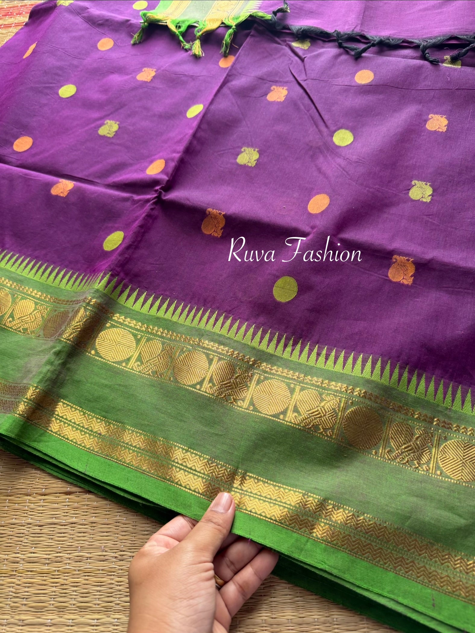 Purple with Green Combination Premium Kanchi Cotton saree With intricate Rich Zari woven Pallu and handmade Buttas