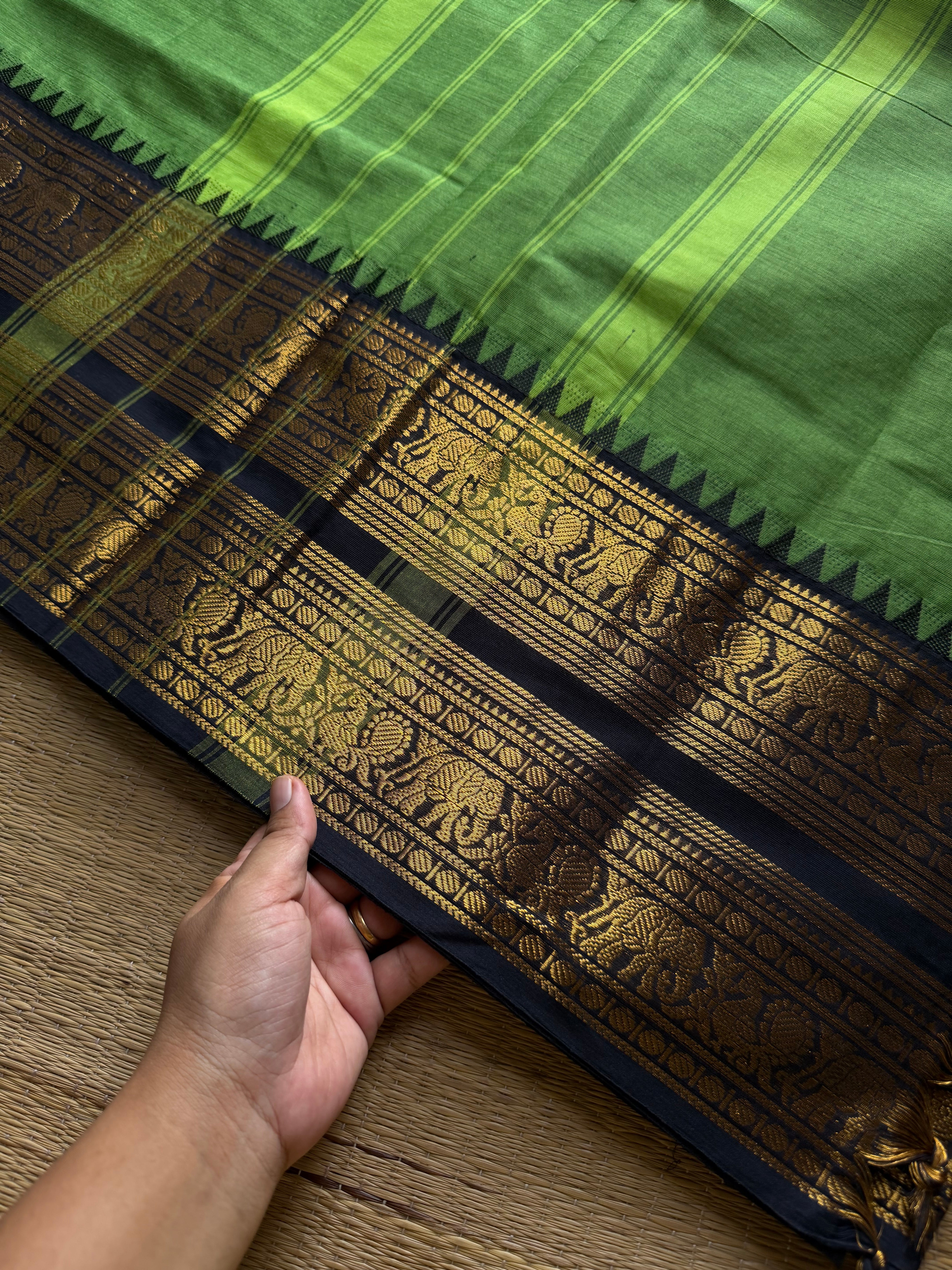 RF1139 Green with black Rettapet border Kanchi cotton saree