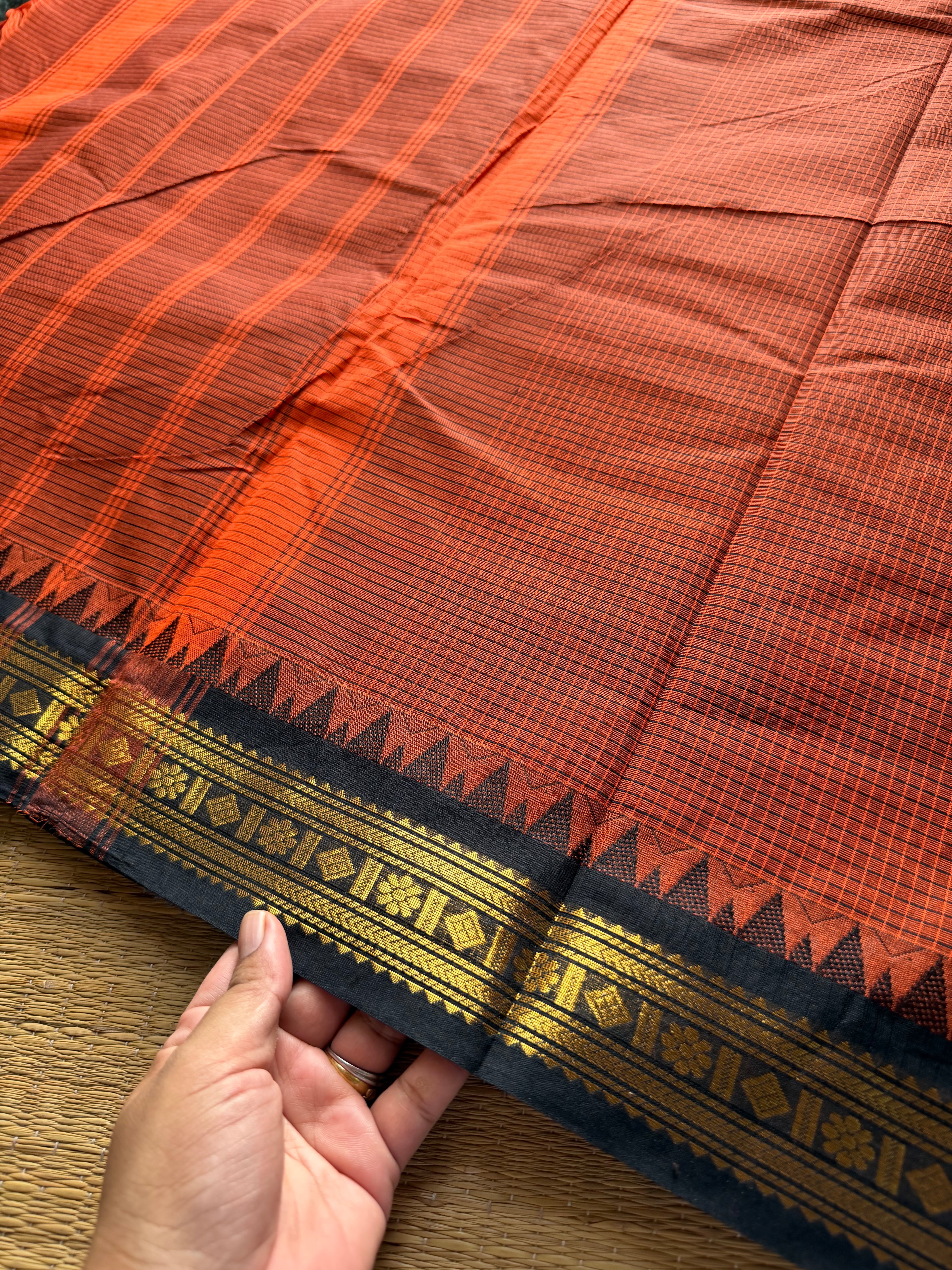 RF698 Rustic orange with black combination vintage Podikattam Kanchi cotton saree with small border