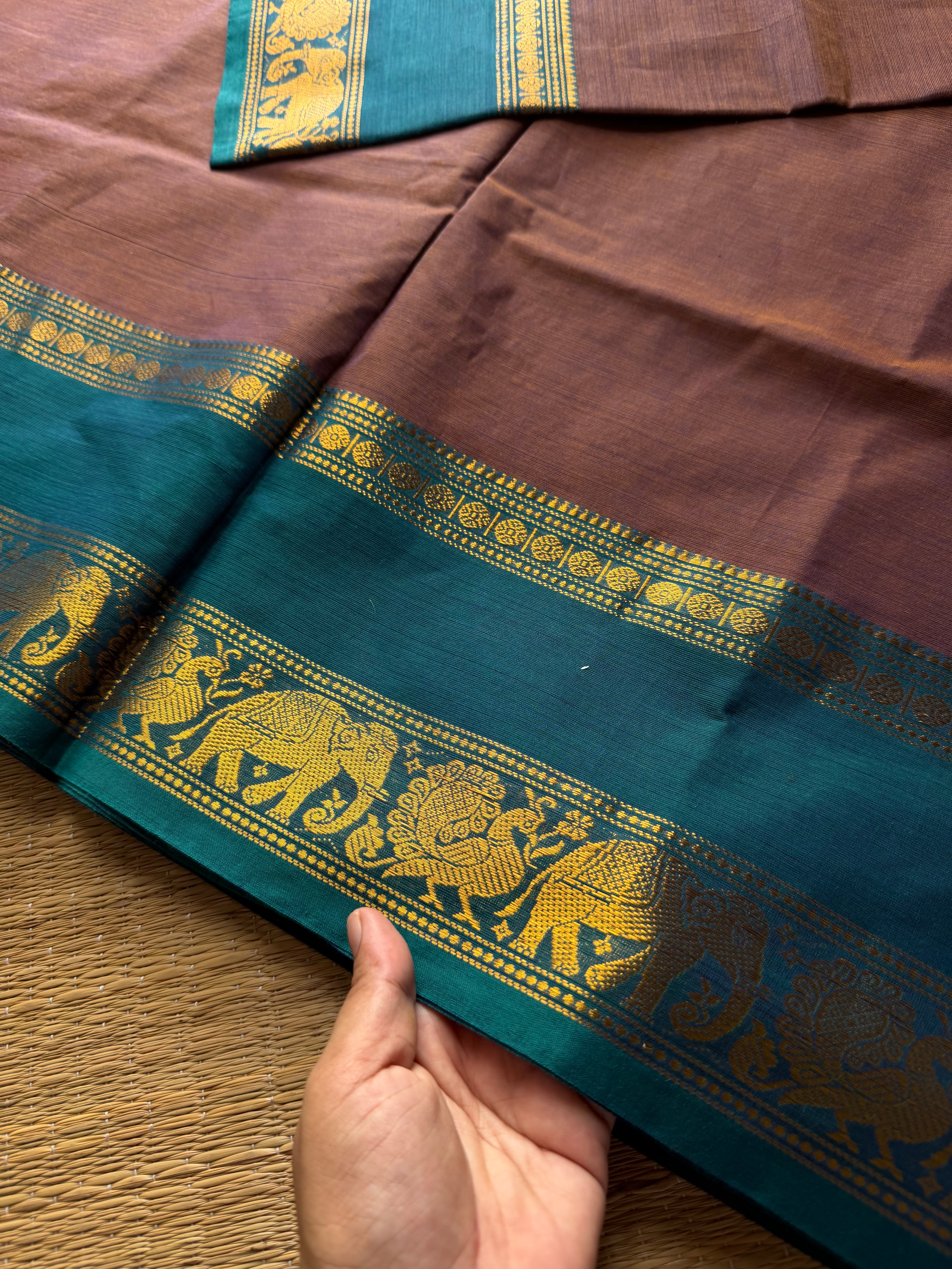 RF768 Dual tone Kanchi Cotton Sarees with silk saree inspired Annam & elephant pattern gap border