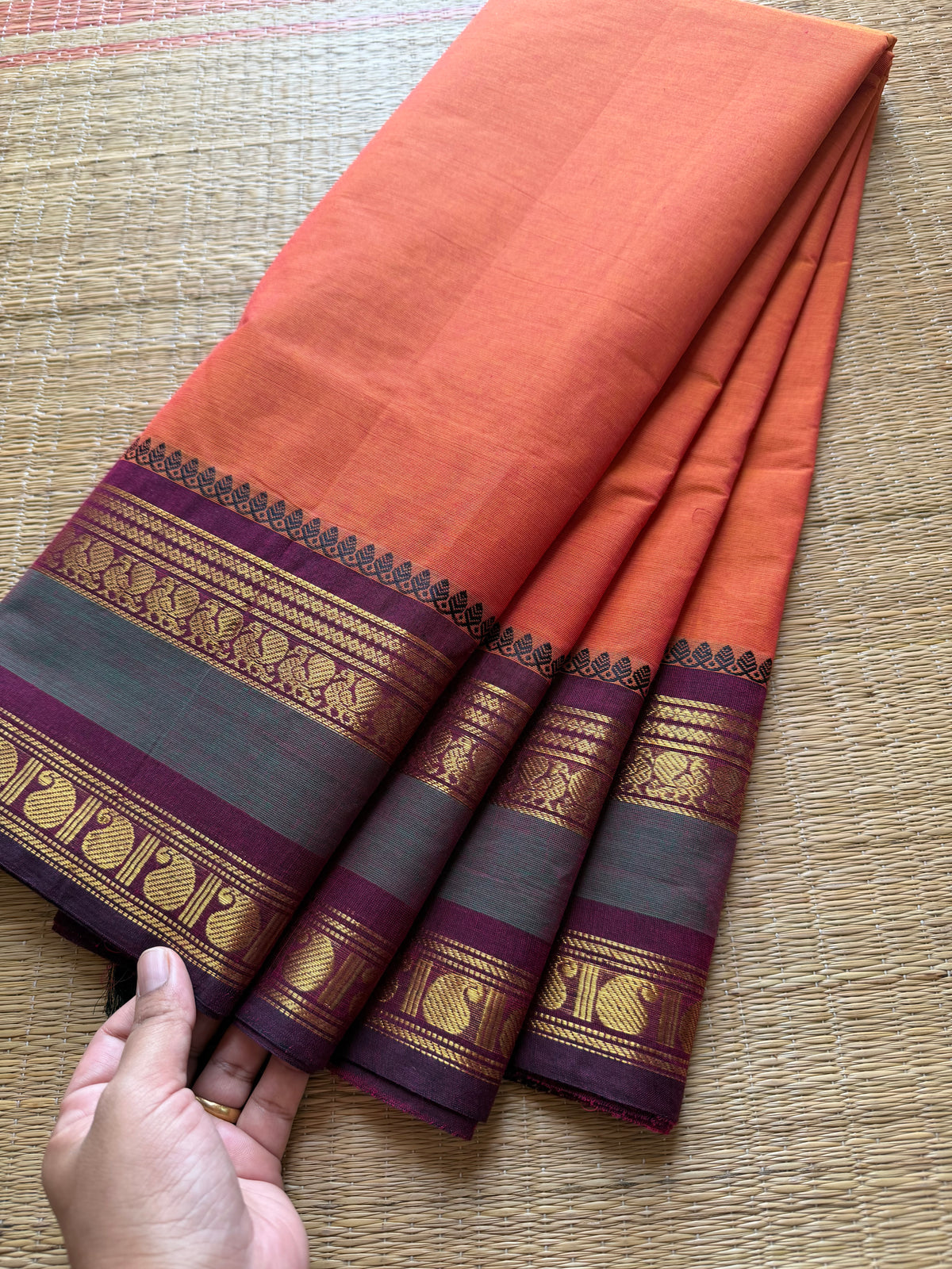 RF218 Orange shade Kanchi cotton saree with Annam & Mango Rettapet border