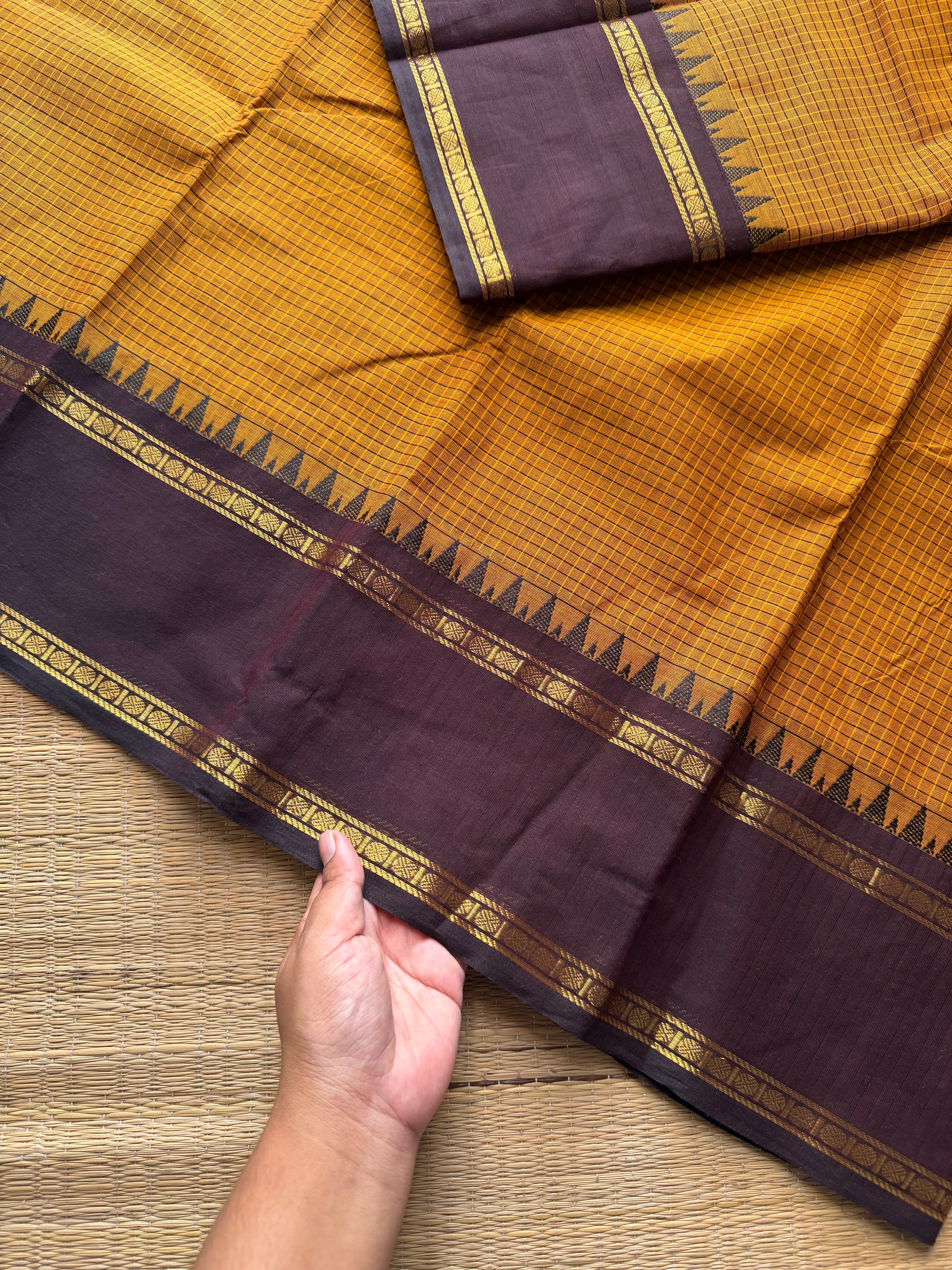RF720 Vintage edition ~ Mustard yellow with brown Kanchi cotton saree with podi kattam / small checks pattern