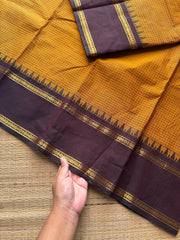 RF720 Vintage edition ~ Mustard yellow with brown Kanchi cotton saree with podi kattam / small checks pattern