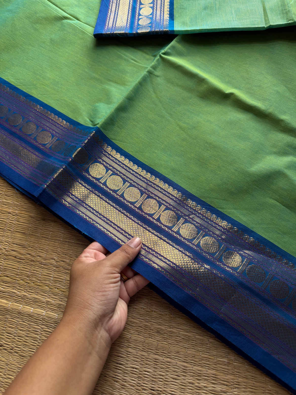 RF1028 Apple green with royal blue combination Kanchi cotton saree