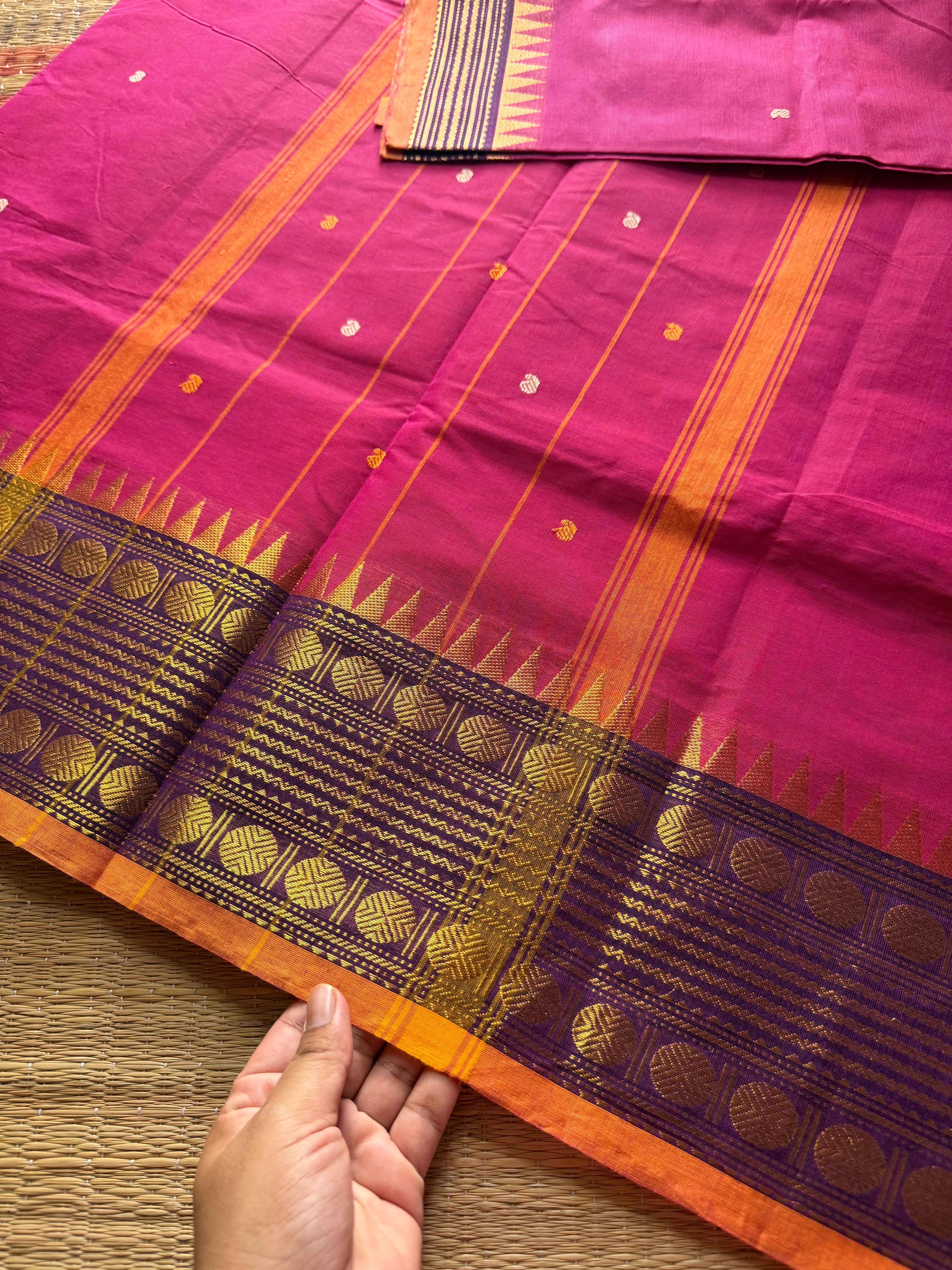 RF378 Magenta pink shade Kanchi cotton saree with unique border and handmade thread buttas