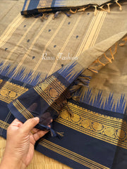 RF132 Grey With dark royal blue shade combination Thazhampoo Pattern rettapet border Kanchi cotton saree with handwoven thread buttas