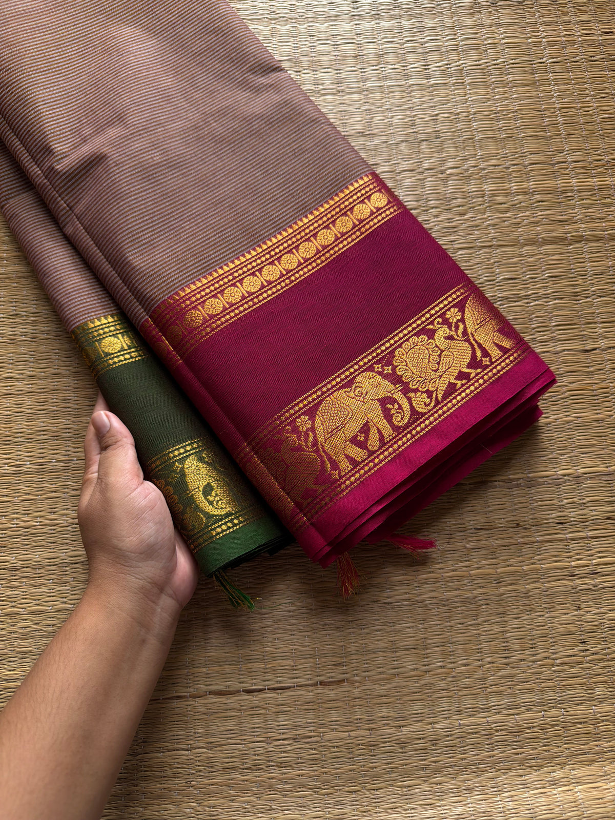 RF770 Dual tone Grey shade Kanchi cotton saree with Ganga Jamuna border and fully minute horizontal stripped lines on the body