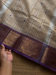 RF1409 Beige with light purple ~ Vanasingaram border Kanchi cotton saree with handmade thread buttas