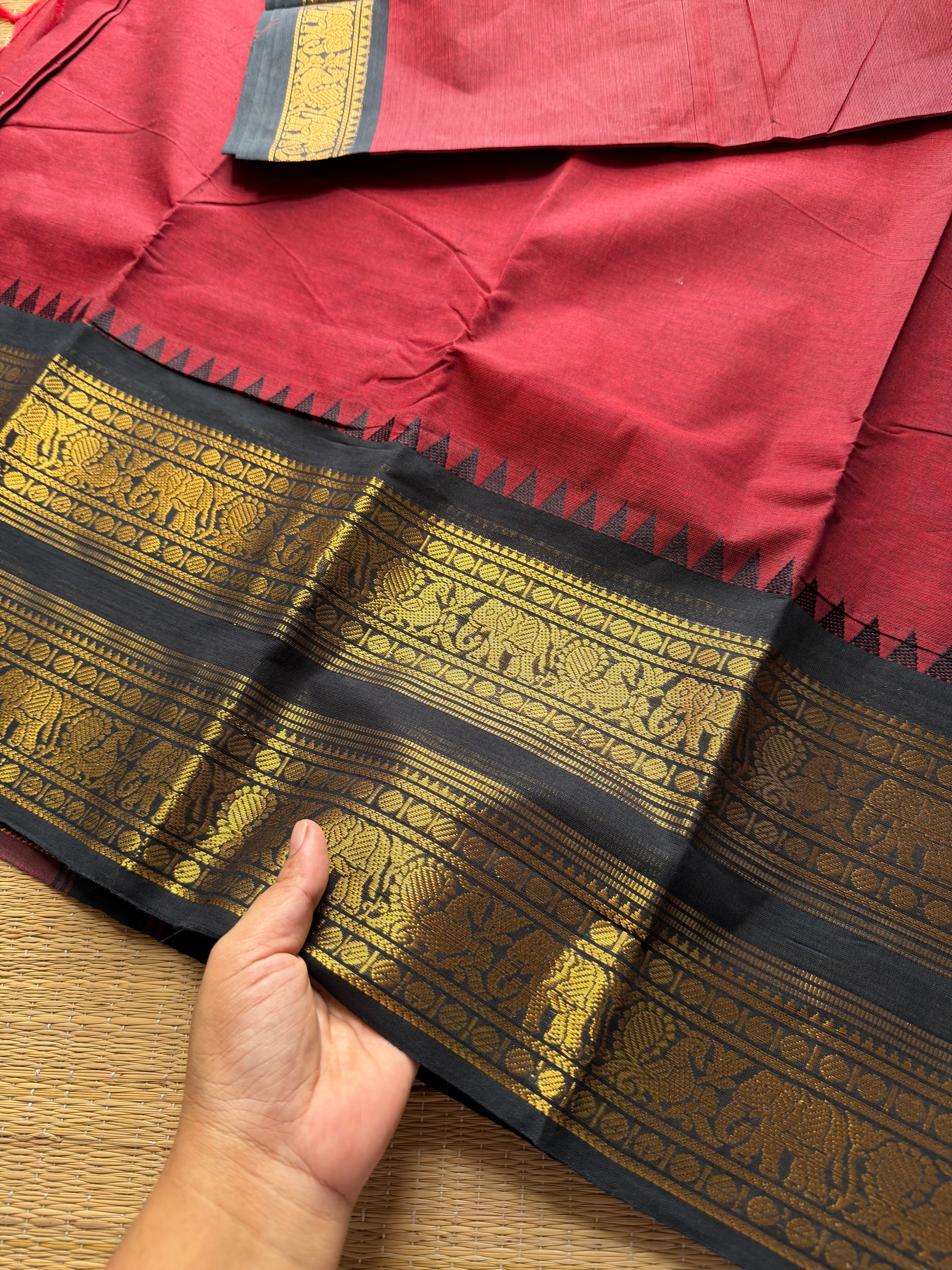 RF297 Maroon With Black Rettapet Border Kanchi Cotton Saree