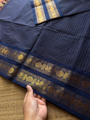 RF552 Kanchi Kattam : Monotone navy blue shade with checks / Kattam pattern saree