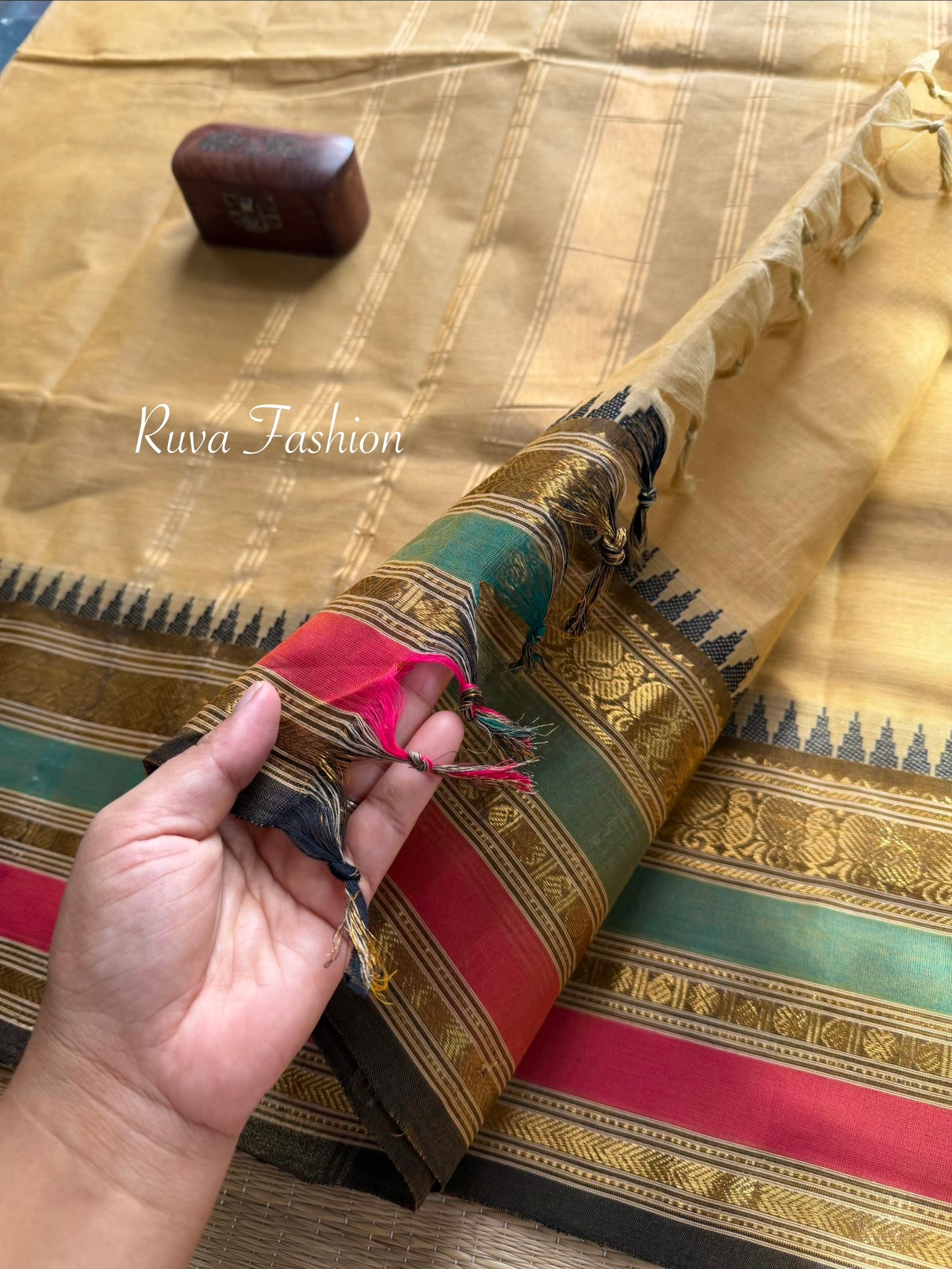 RF61 Unique Cream shade kanchi cotton saree with Multi color border