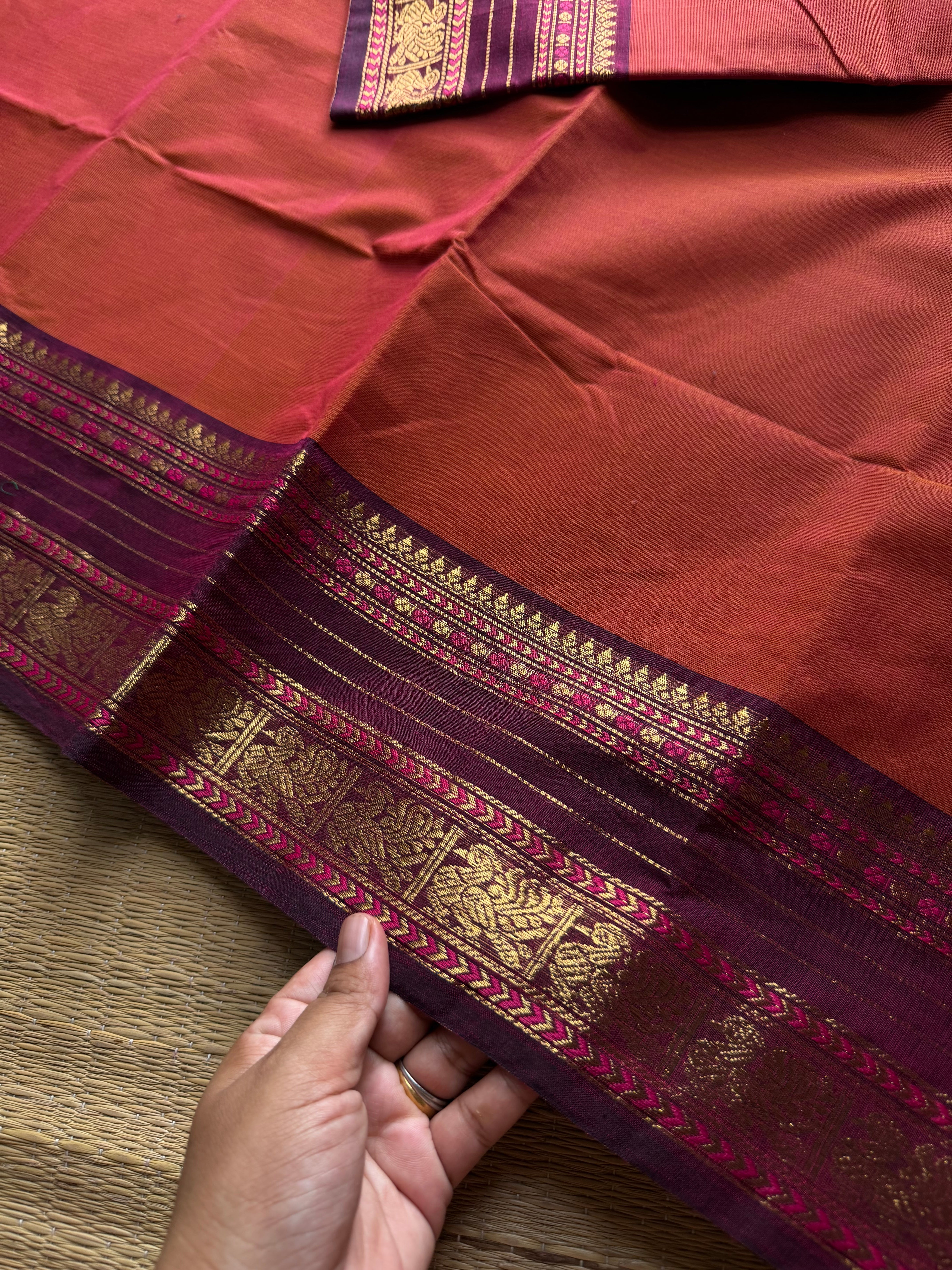 RF878 Silk saree inspired Kanchi cotton saree ~ dual tone of orange with brown