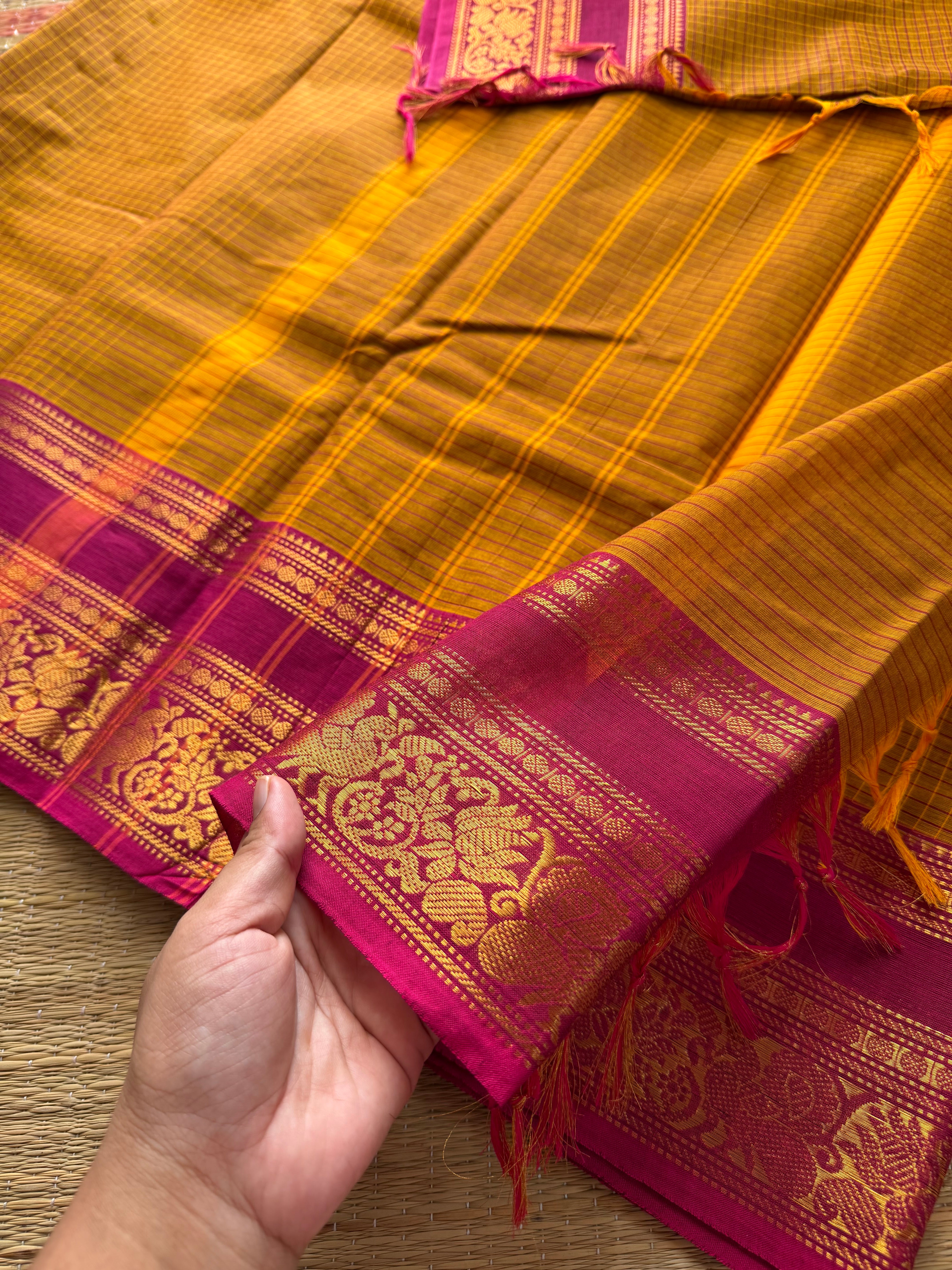 RF356 Mustard shade with pink combination Kanchi cotton saree with Kattam / checks pattern and unique lotus and Annam pattern Zari border