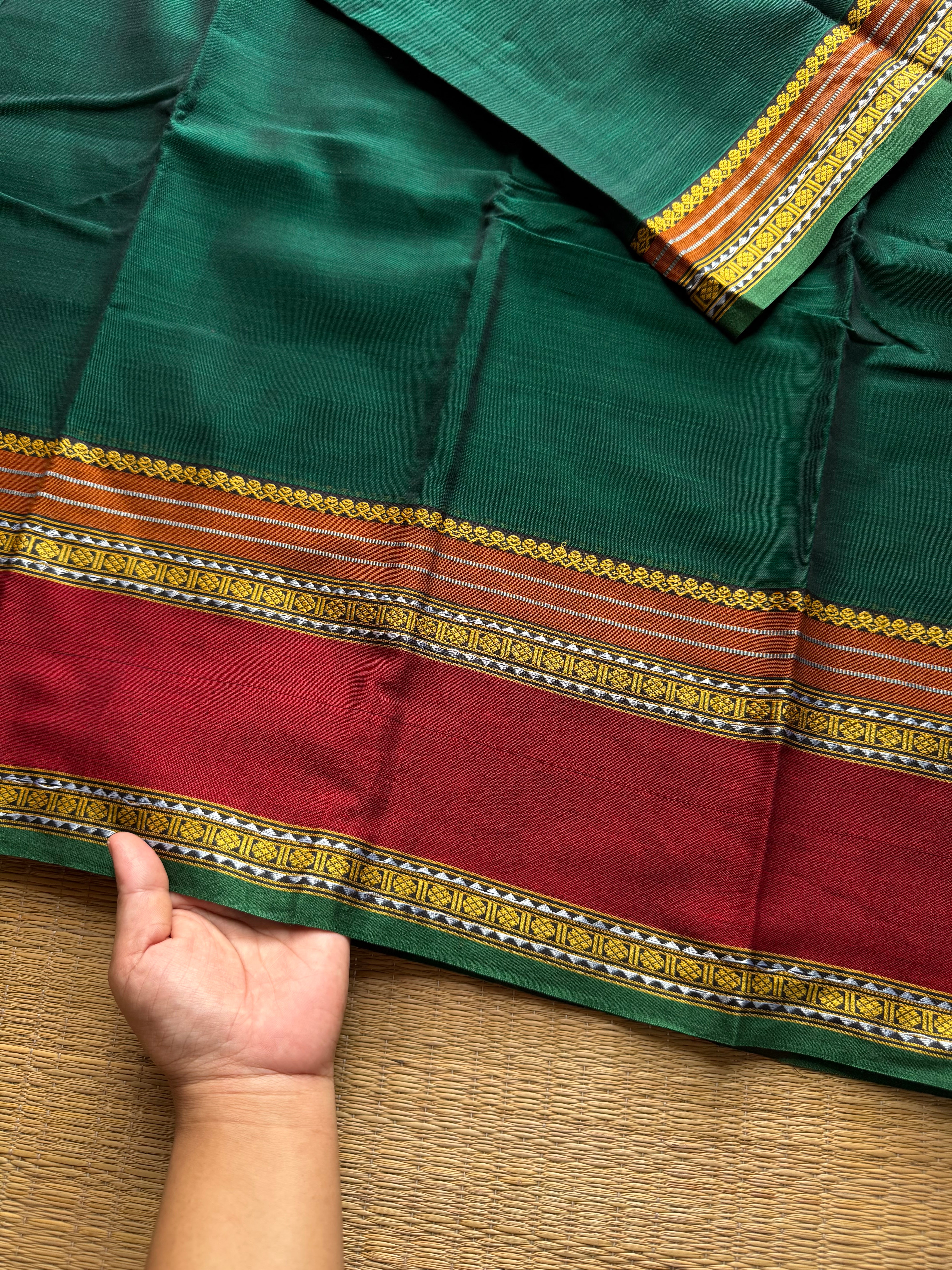 RF486 Bottle green with maroon combination vintage style gap border mercerised Narayanpet  cotton saree