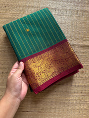 RF296 Bottle green with maroon combination Kanchi cotton saree with Vanasingaram pattern border & handmade thread Buttas