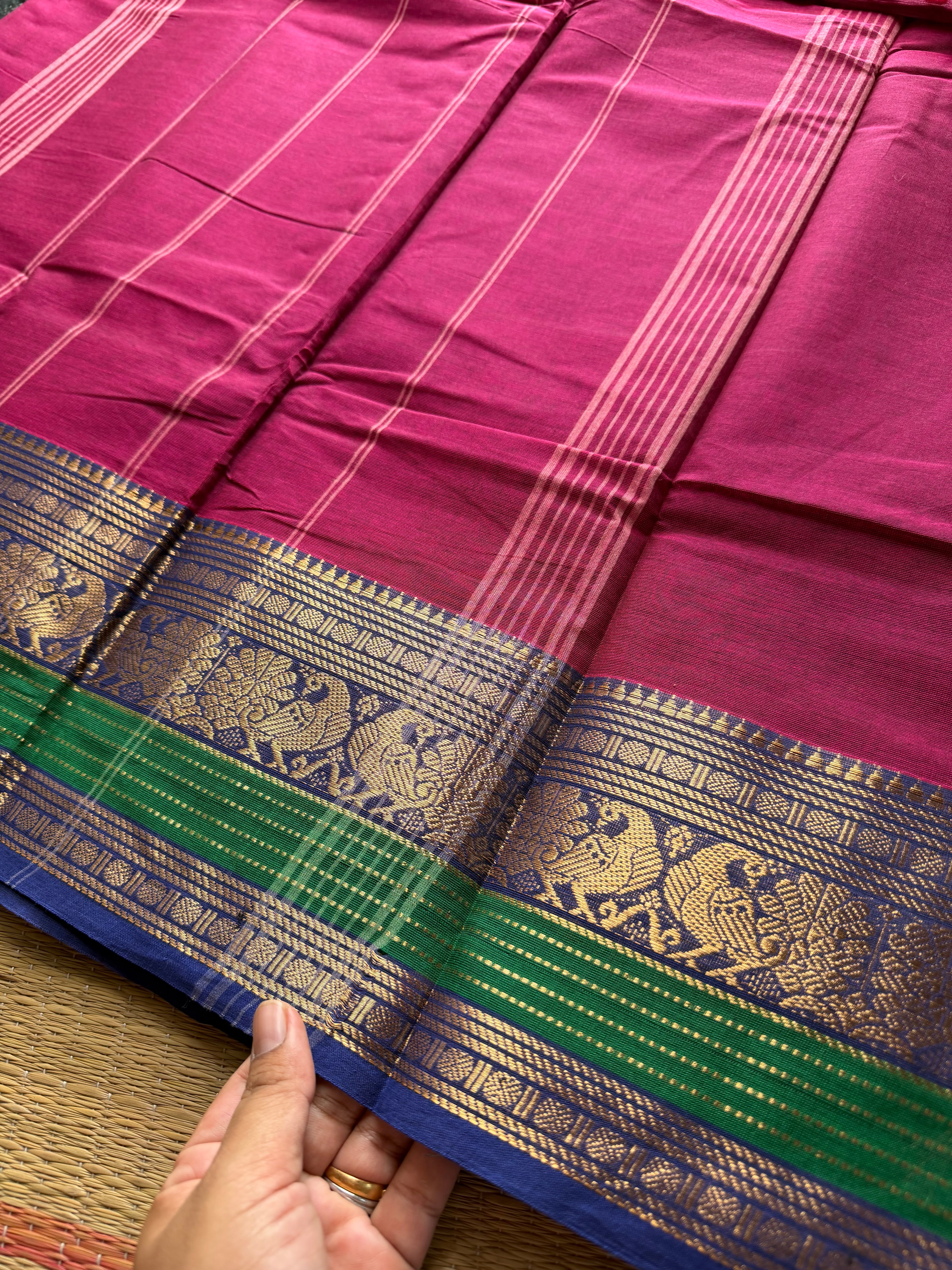 RF254 Magenta pink with royal blue contrast border Kanchi cotton saree with unique peacock pattern varisaipet border
