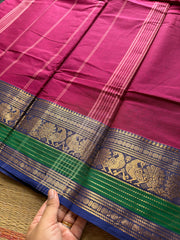 RF254 Magenta pink with royal blue contrast border Kanchi cotton saree with unique peacock pattern varisaipet border