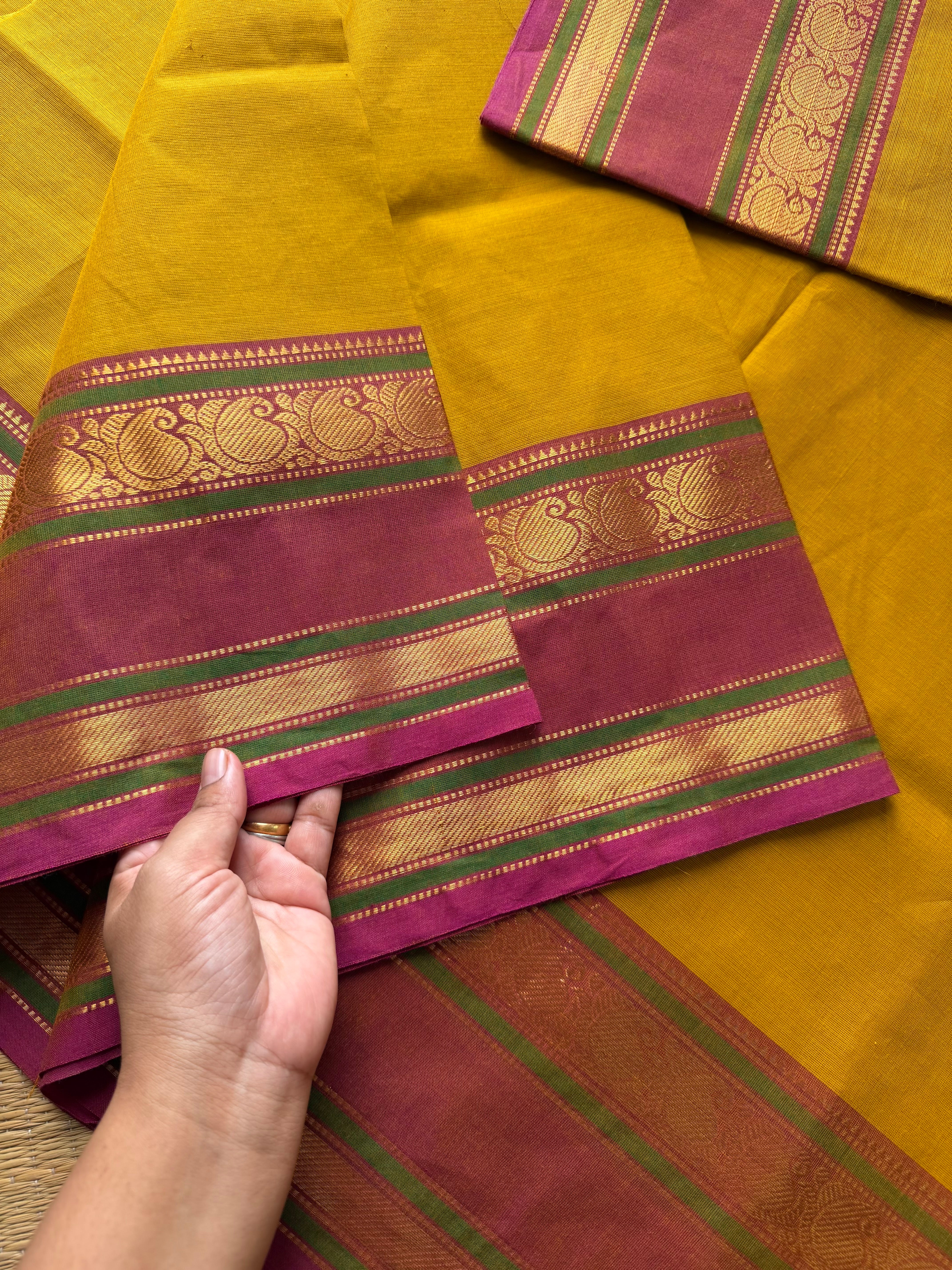 Mustard yellow with pink combination Silk saree inspired Kanchi cotton saree