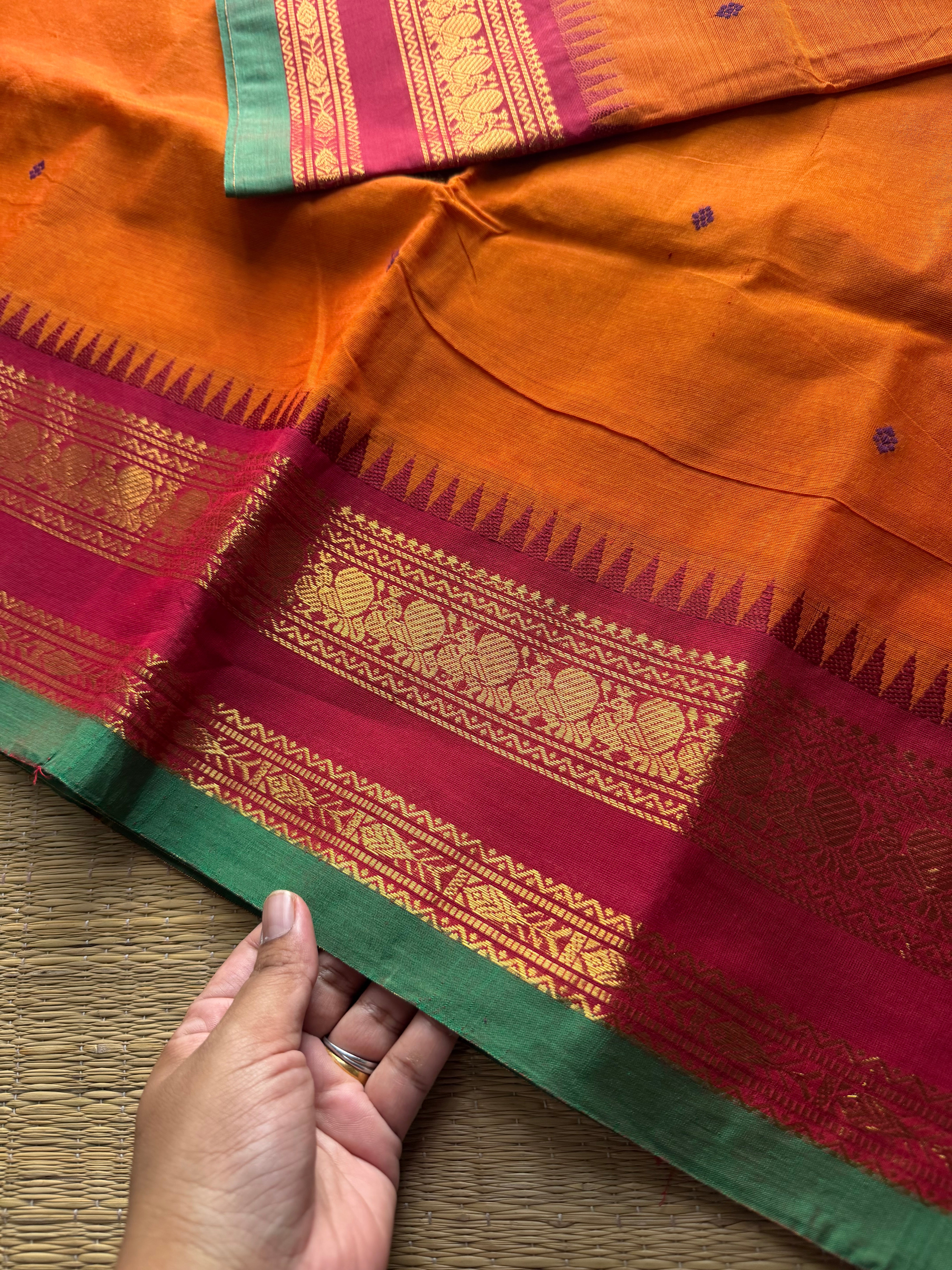 RF864 Orange shade Kanchi cotton saree with handmade thread buttas