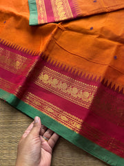RF864 Orange shade Kanchi cotton saree with handmade thread buttas