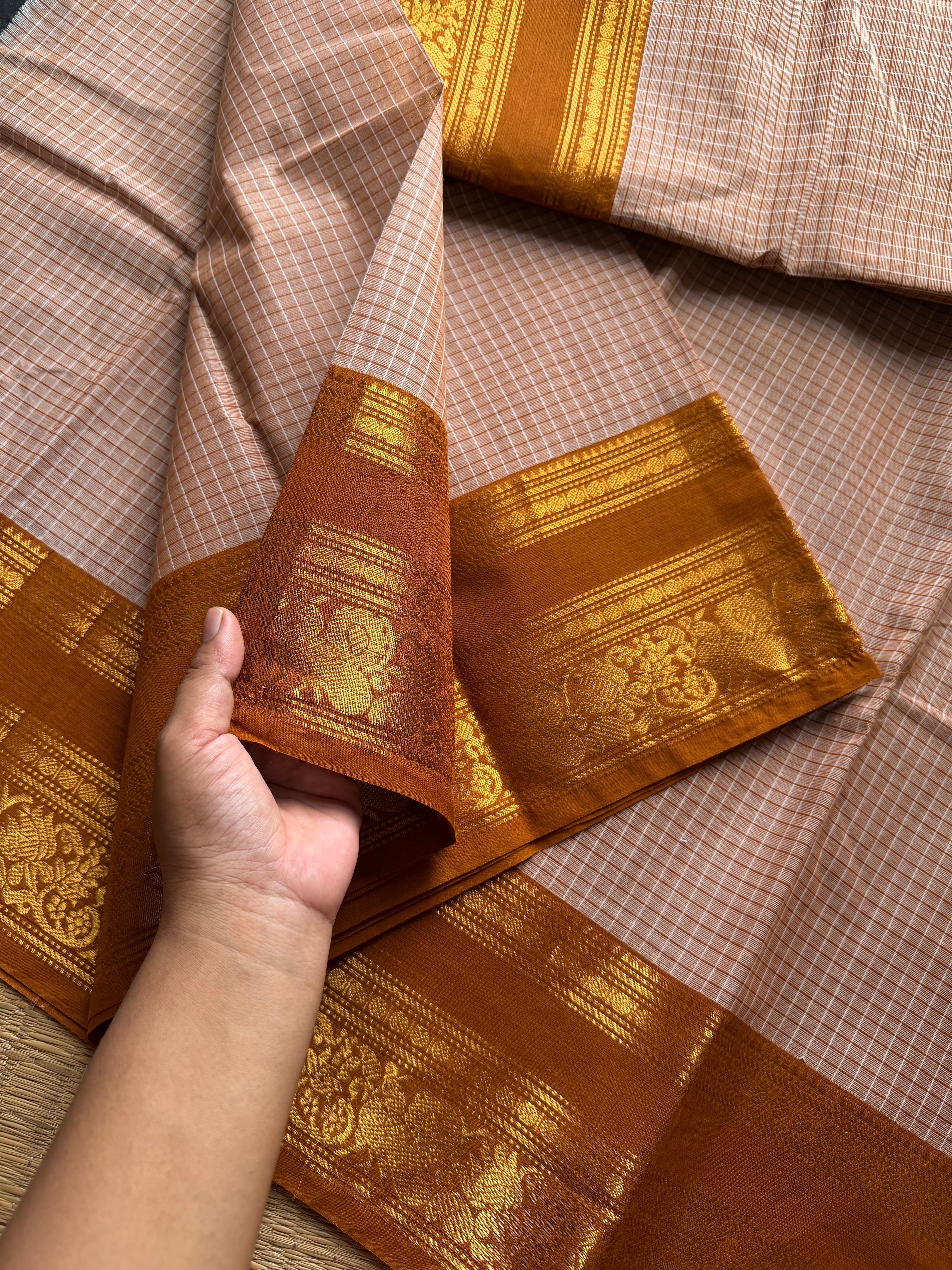RF987 Beige shade ~ Premium Vintage Kattam / checks Kanchi cotton saree with silk saree inspired annam & floral pattern border