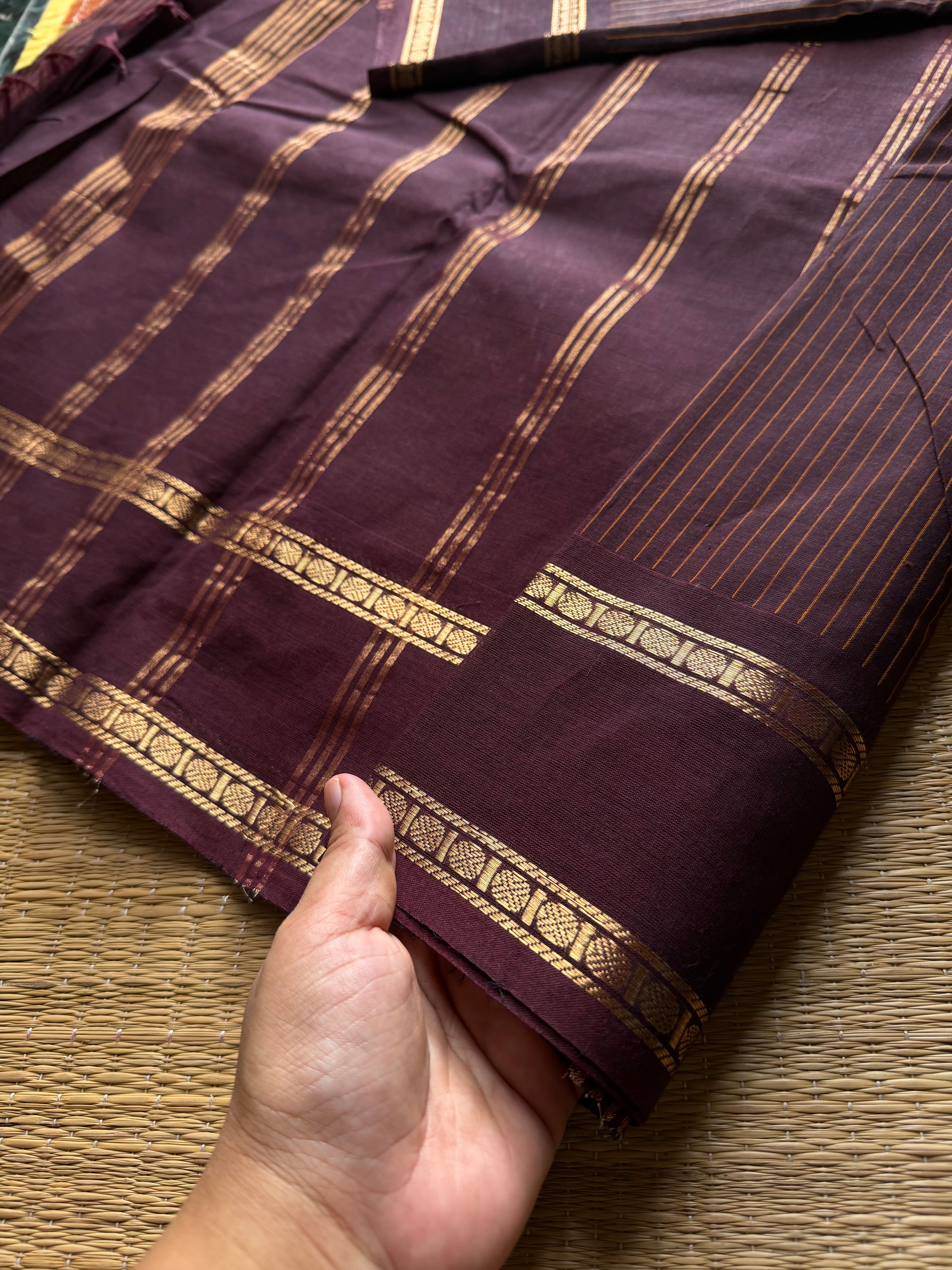 RF517 Monotone deep Coffee brown shade Kanchi cotton saree with Korvai Vaira Oosi thread vertical lines pattern with vintage Rettapet border