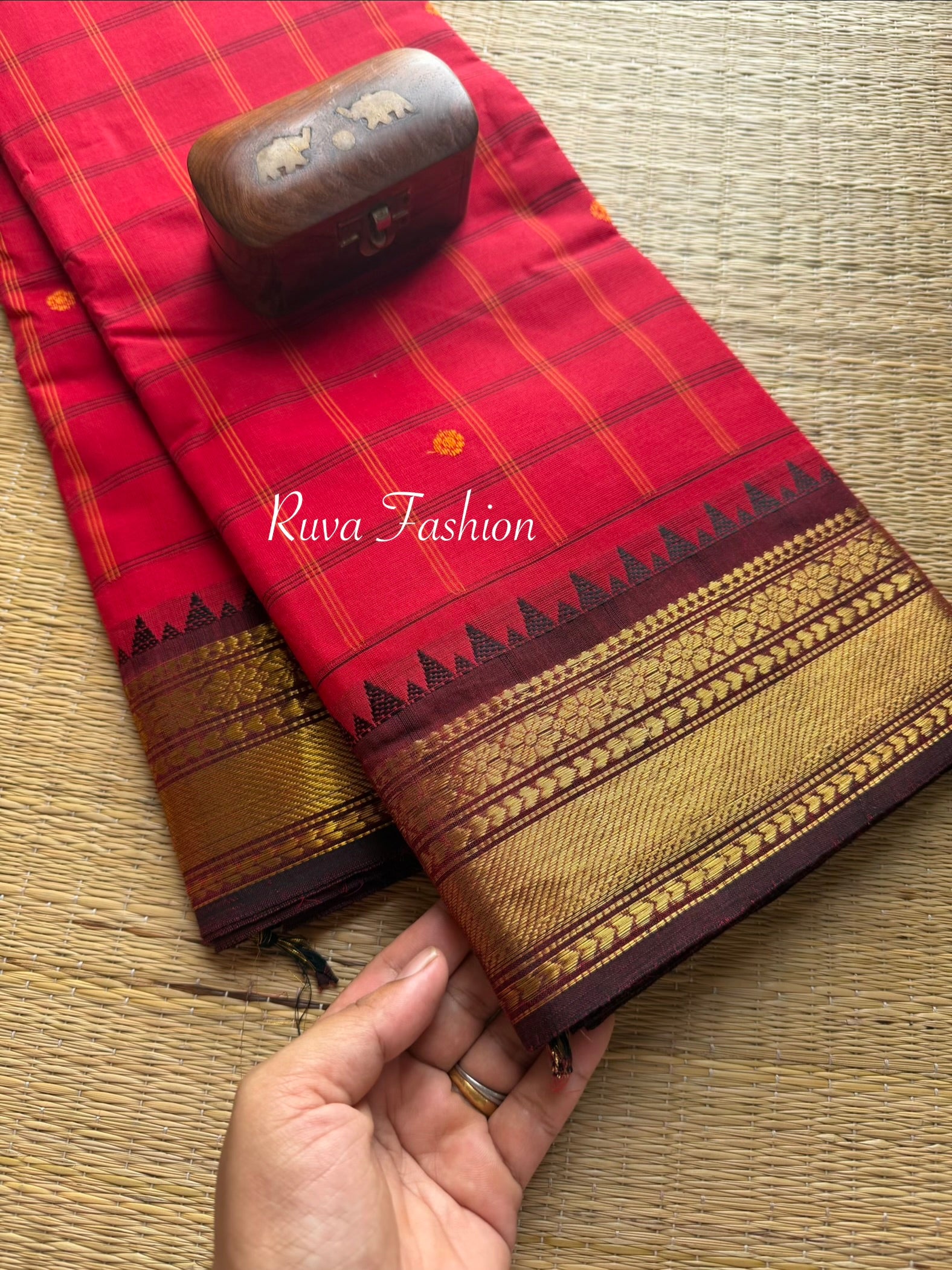RF63 Red & Brown Combination Kanchi cotton saree with  small contrast border , checks pattern and handmade thread buttas