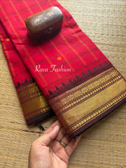 RF63 Red & Brown Combination Kanchi cotton saree with  small contrast border , checks pattern and handmade thread buttas
