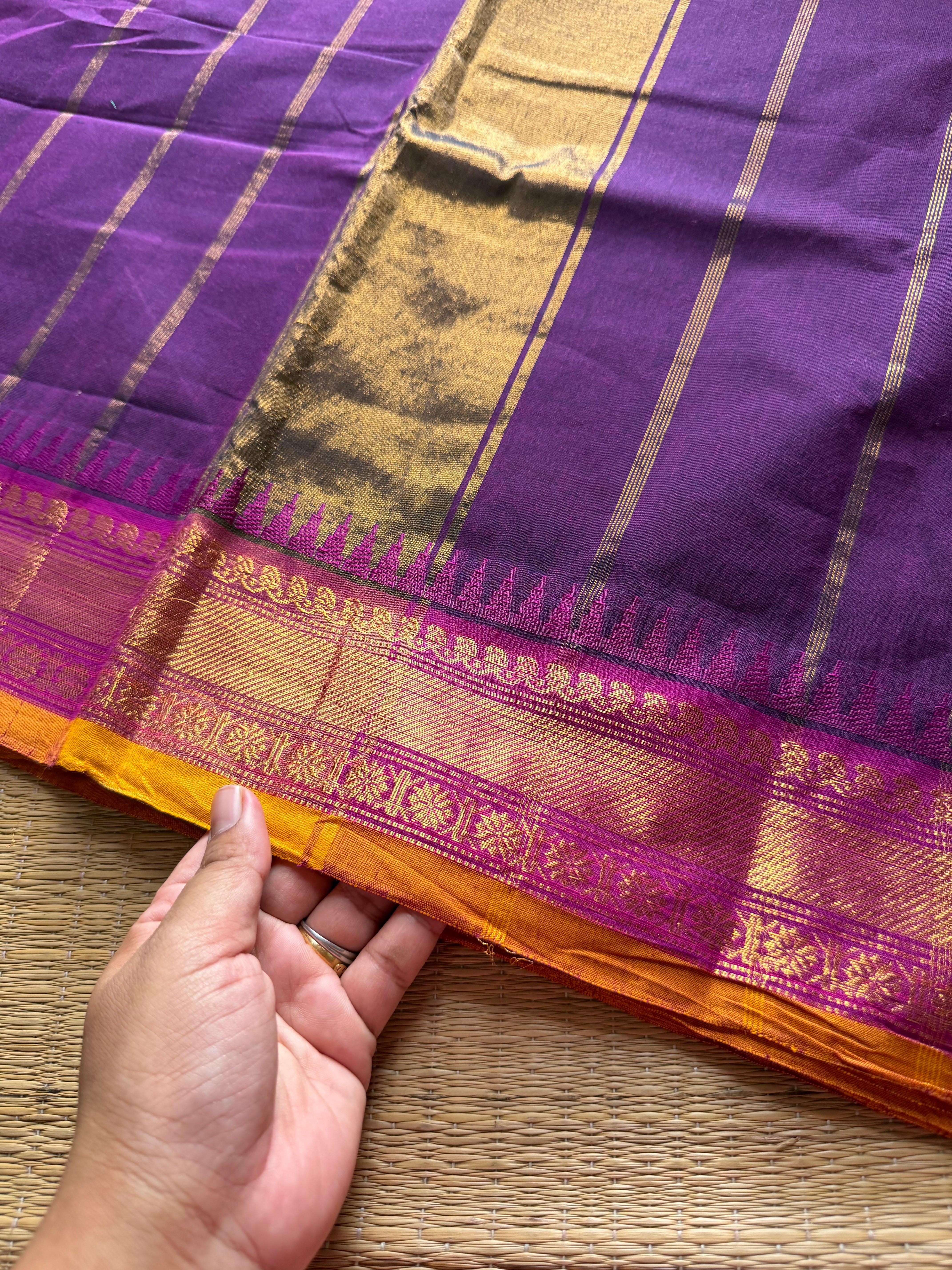 RF632 Purple shade Kanchi cotton saree with contrast medium size Zari border