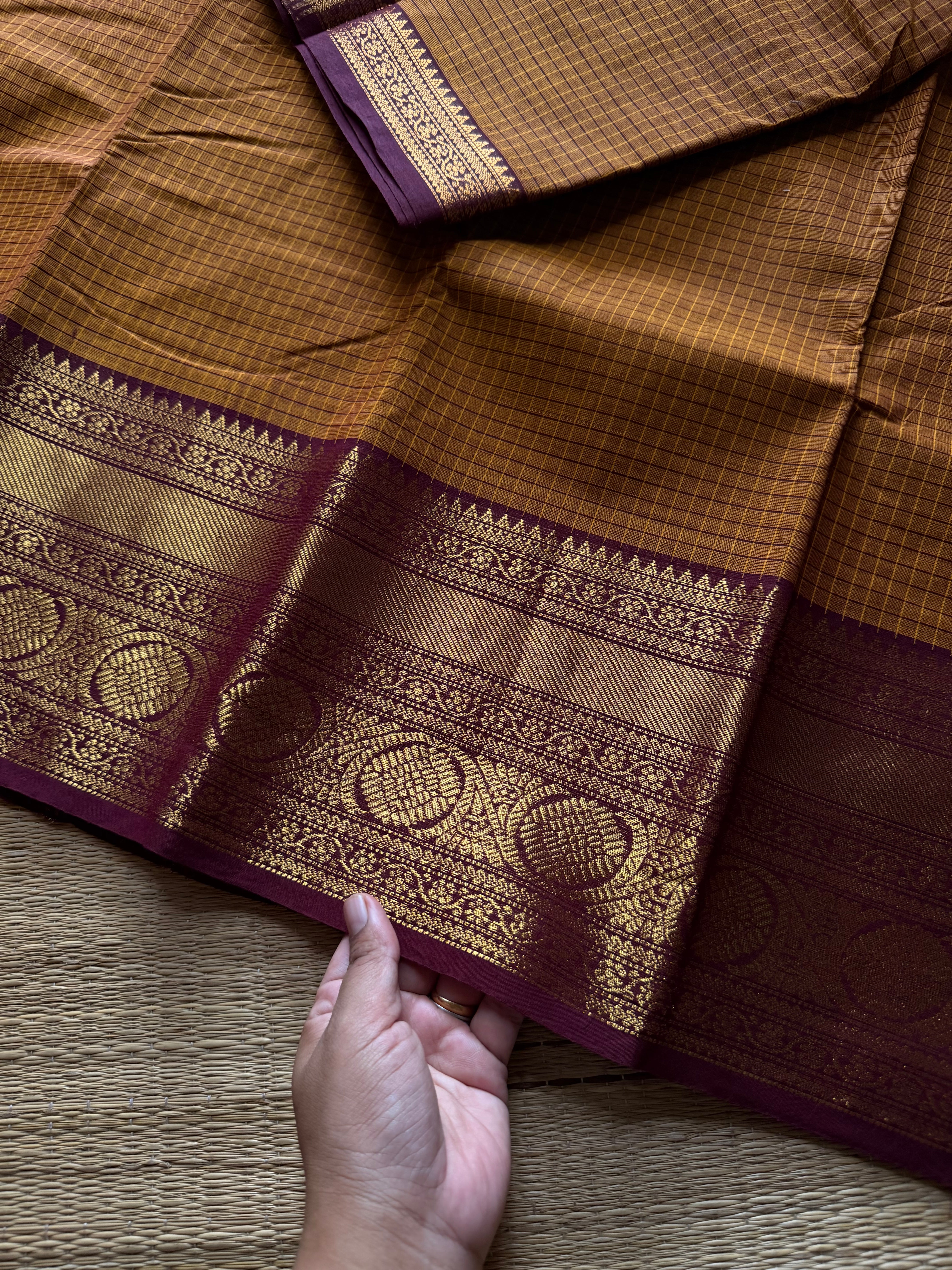 RF1297 Kattam Edition ~ Dual shade Mustard with brown combination Kanchi cotton saree with checks pattern
