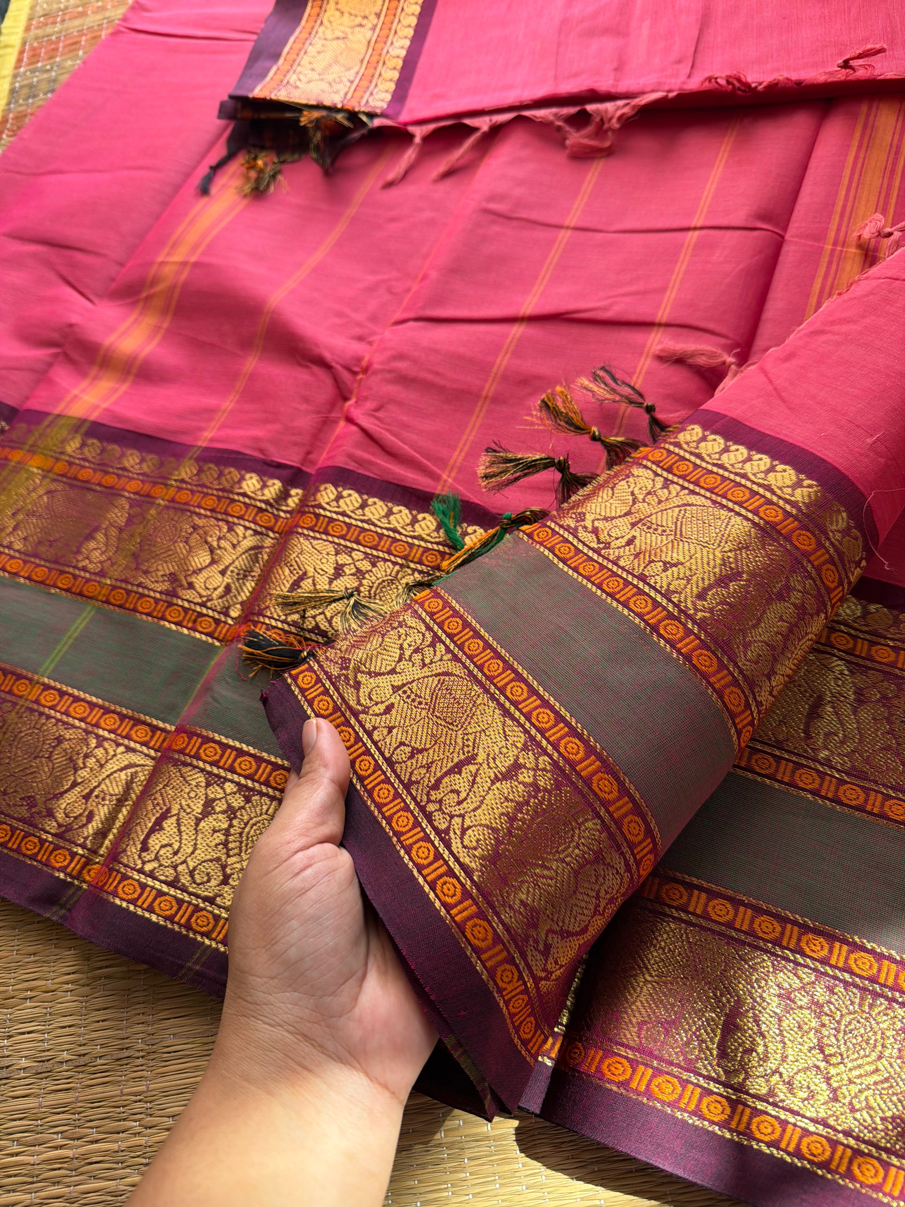 RF538 Pink with purple combination Kanchi cotton saree with Rettapet border