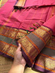 RF538 Pink with purple combination Kanchi cotton saree with Rettapet border