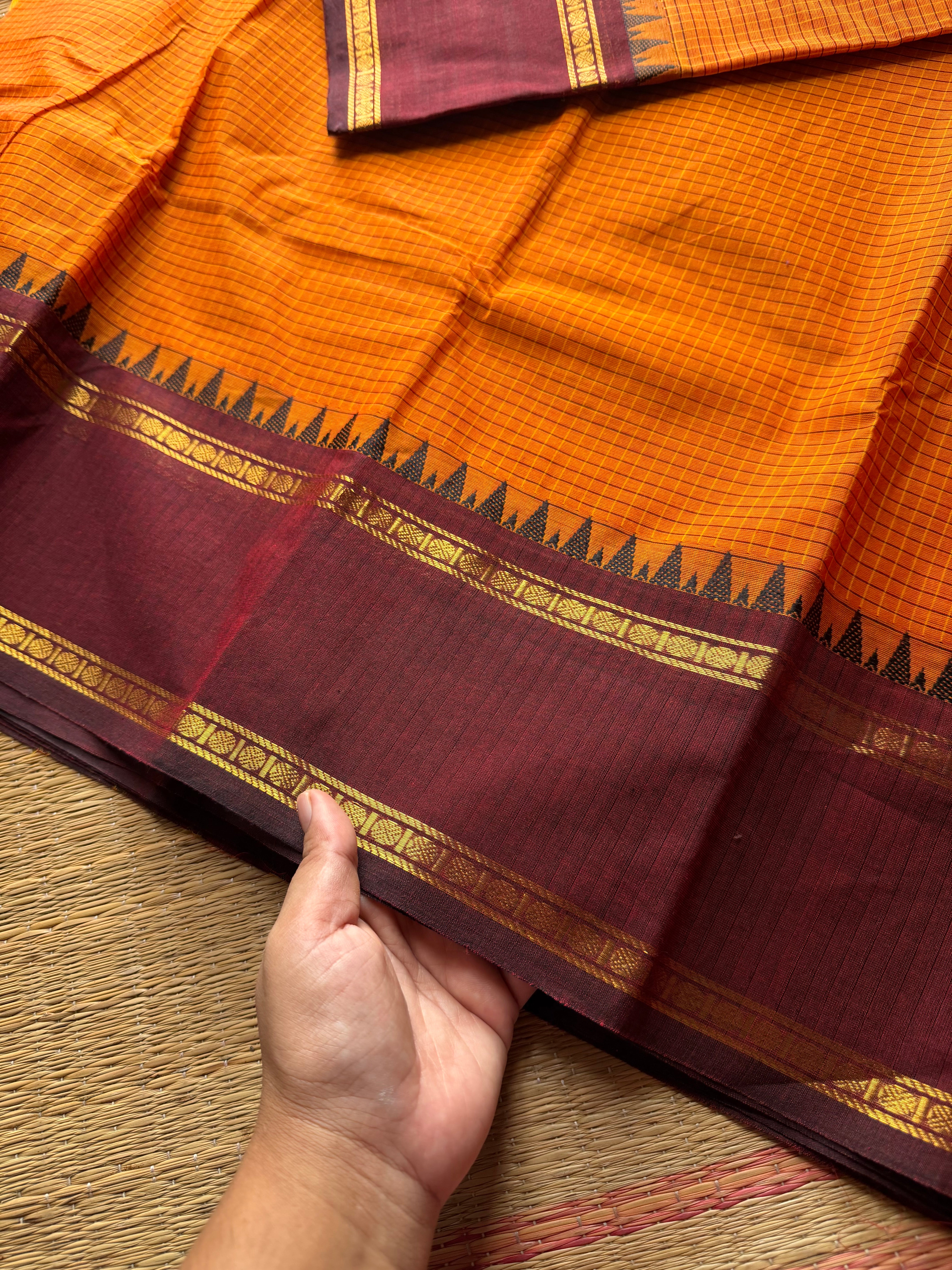 RF806 Vintage edition ~ Orange with maroon Kanchi cotton saree with podi kattam / small checks pattern