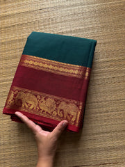 RF518 Dark Teal Green With Maroon Combination Silk Saree Inspired Kanchi Cotton Saree with Annam and elephant pattern