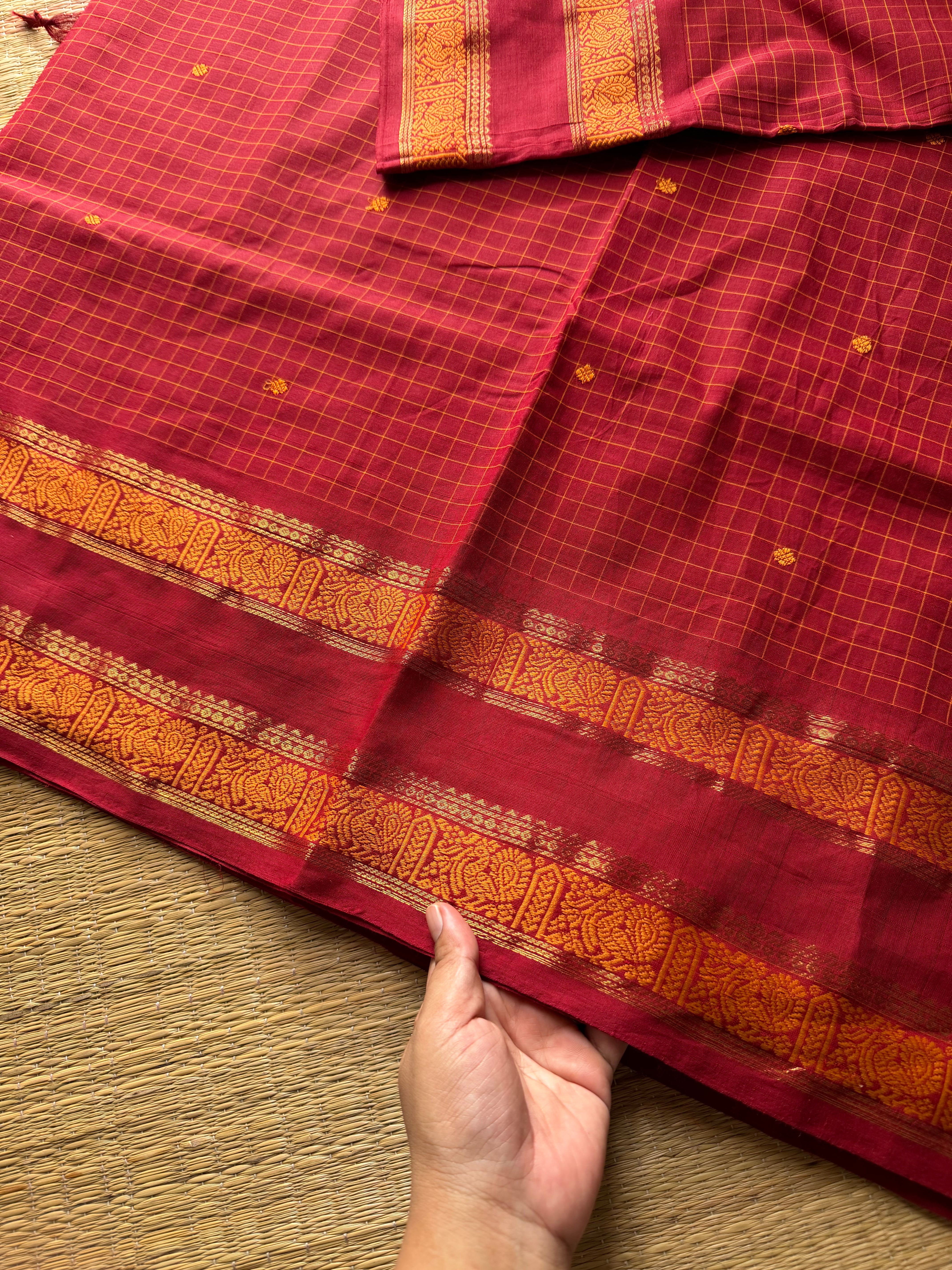 RF483 The Reddish Maroon Kattam Edition: Kanchi Cotton Saree with Minimal Zari & handmade thread buttas