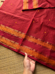 RF483 The Reddish Maroon Kattam Edition: Kanchi Cotton Saree with Minimal Zari & handmade thread buttas