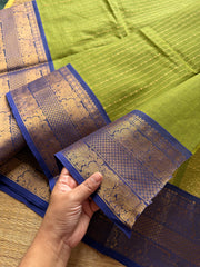 RF299 Green with Contrast Royal blue  Yazhi Pattern Border Premium Kanchi Cotton Saree With Vairaoosi Pattern & Rich Zari woven Pallu
