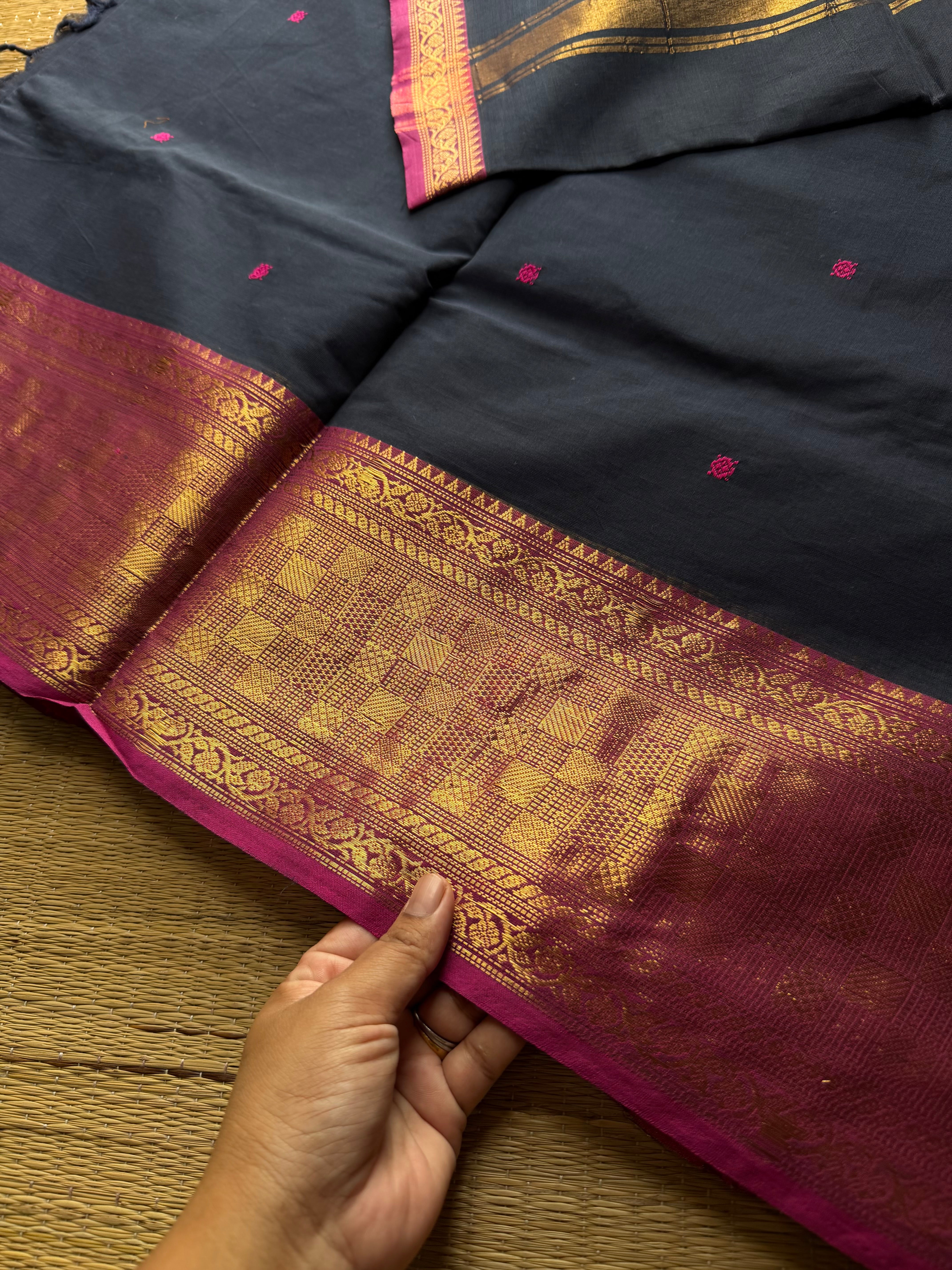 RF888 Kanchi cotton saree with handmade thread buttas ~ Navy Blue