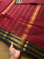 RF441 Reddish maroon shade with black combination small border Kanchi cotton saree