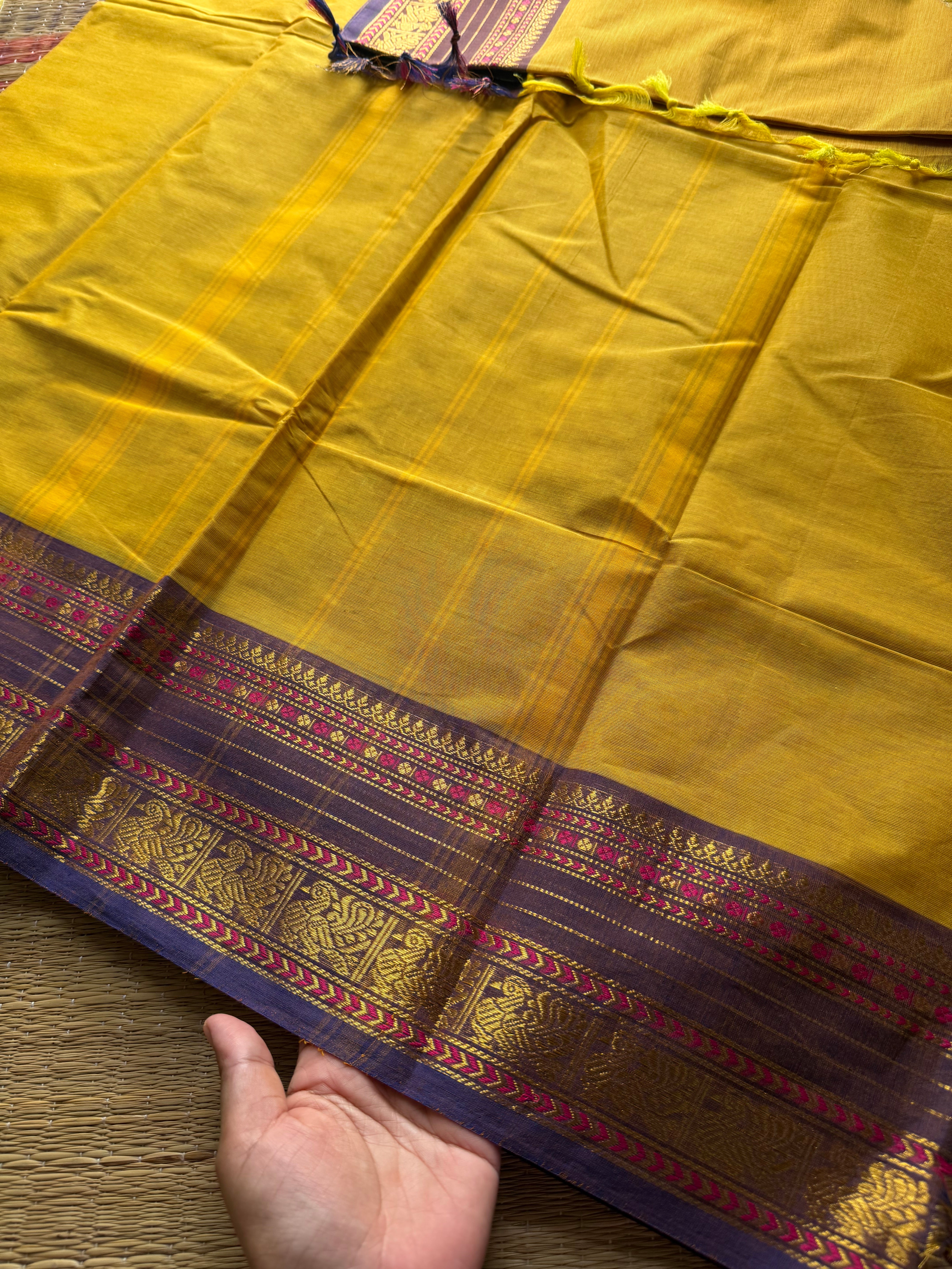 RF410 Mustard yellow shade Kanchi cotton saree with silk saree inspired Kanchi cotton saree