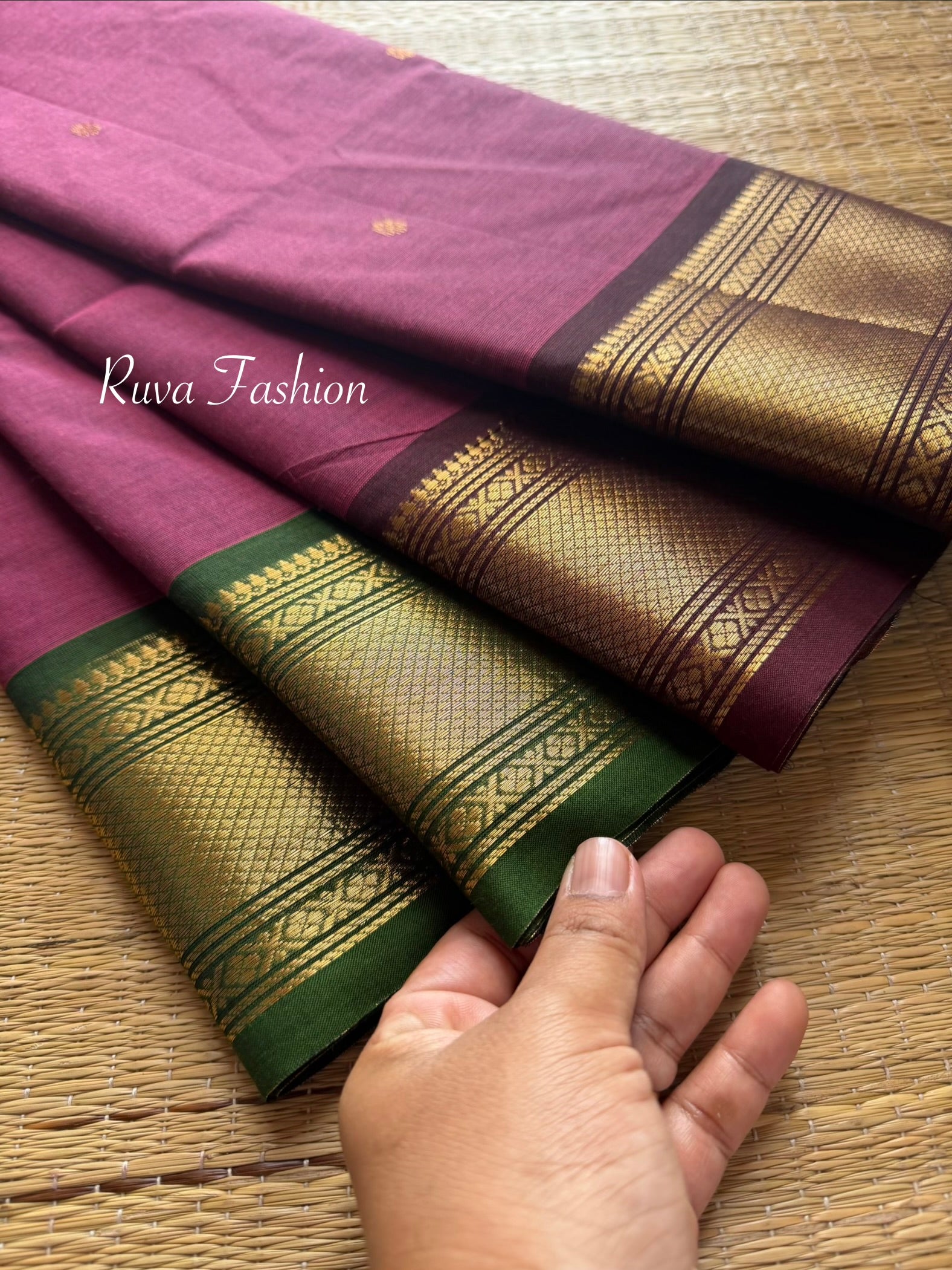 Dark Mauve Pink Shade Kanchi Cotton Saree With Ganga Jamuna Border and handmade golden Zari Buttas